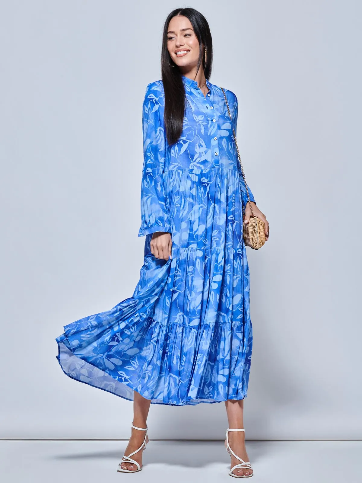 Long Sleeve Holiday Maxi Shirt Dress, Blue Abstract