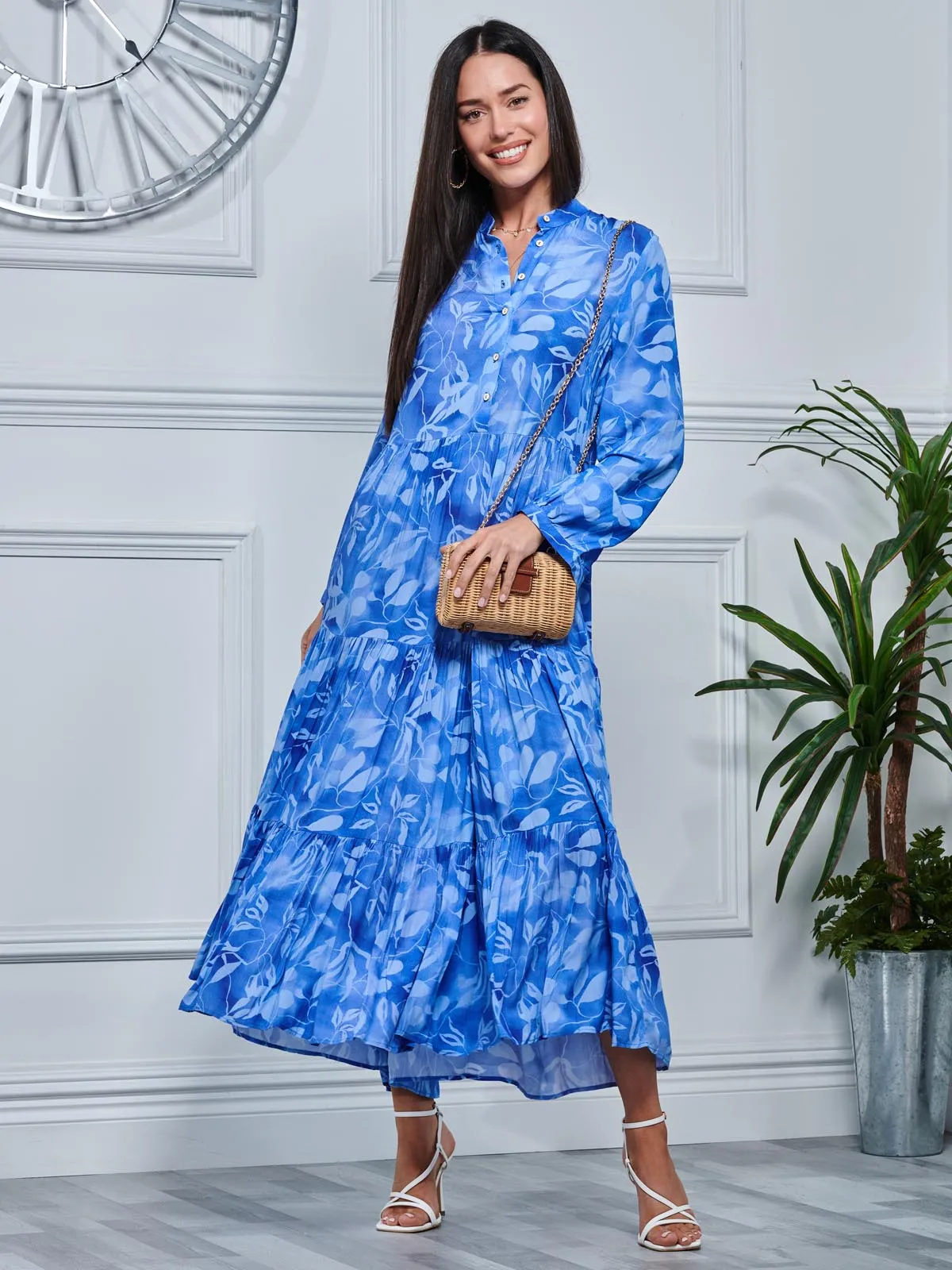 Long Sleeve Holiday Maxi Shirt Dress, Blue Abstract