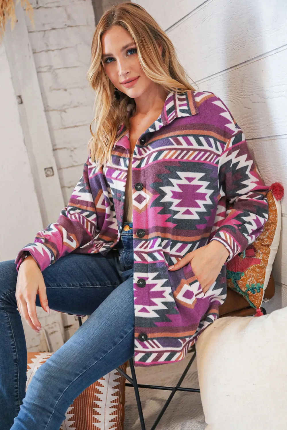 Magenta Brushed Aztec Oversized Pocketed Shacket