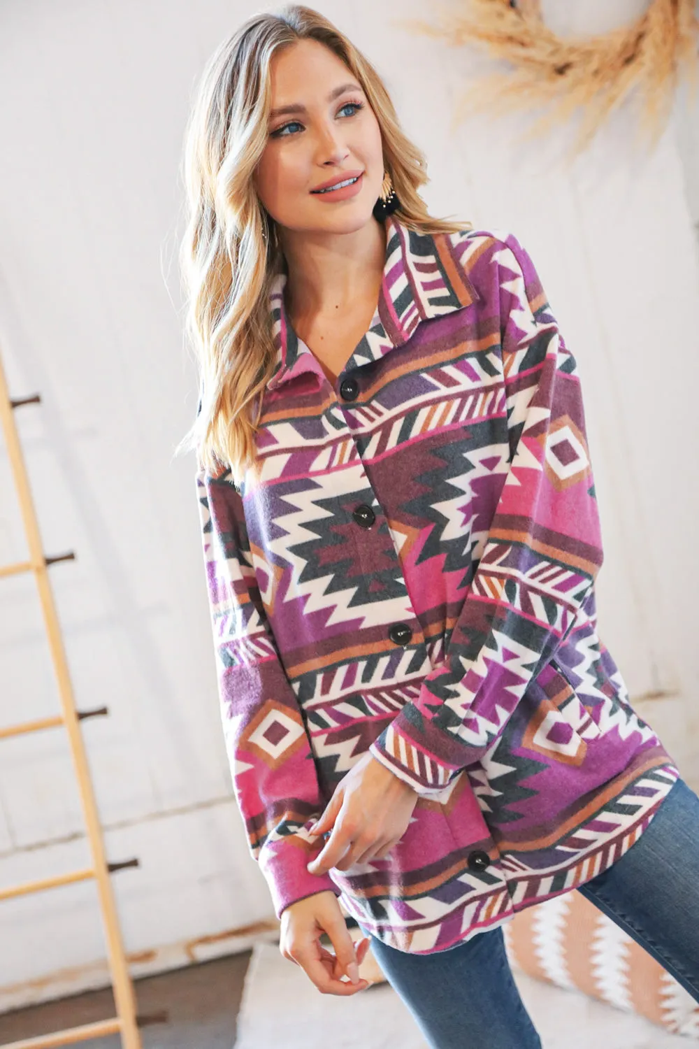 Magenta Brushed Aztec Oversized Pocketed Shacket