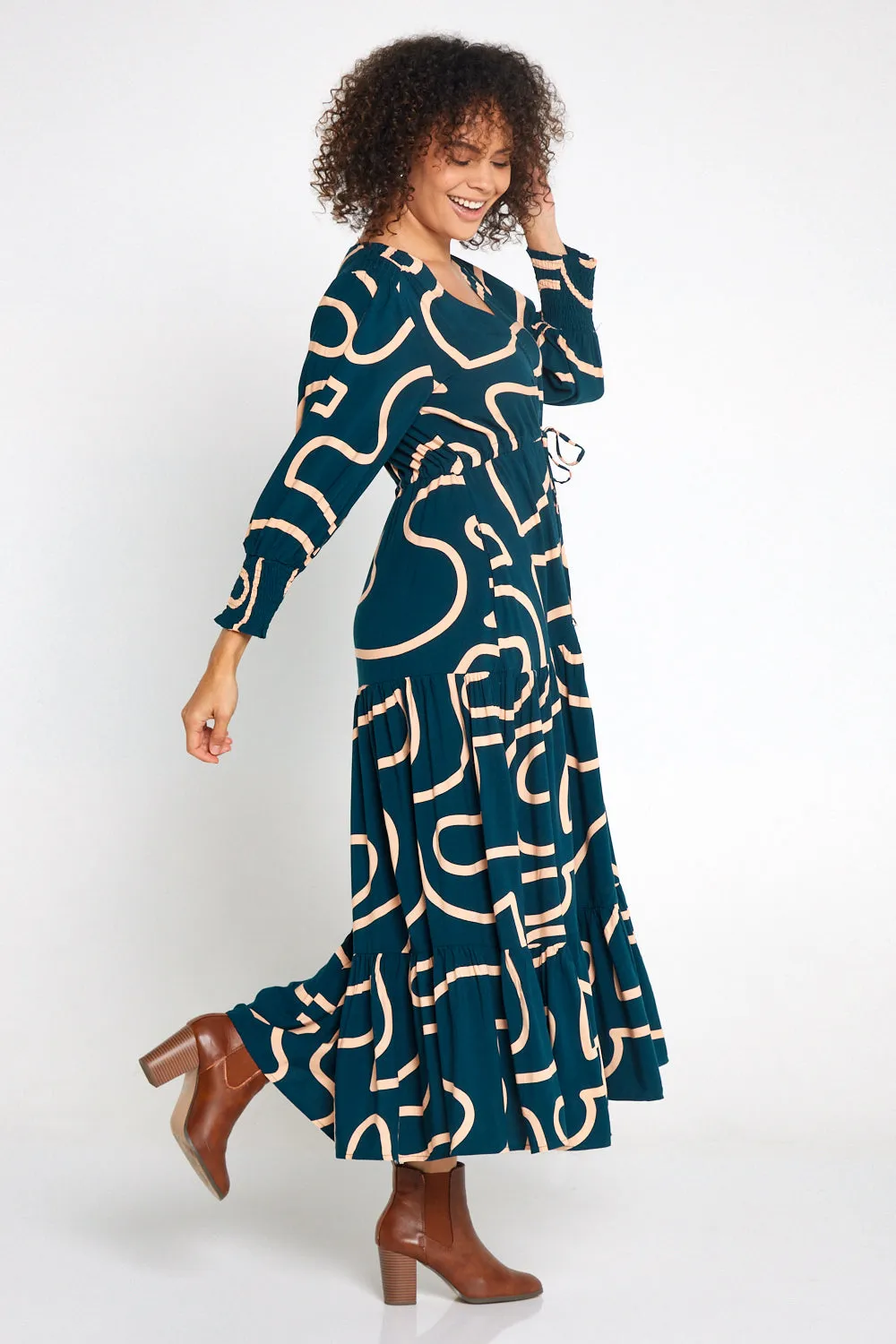 Makena Long Sleeve Maxi - Teal/Beige