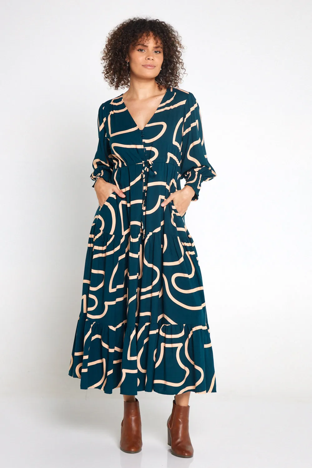 Makena Long Sleeve Maxi - Teal/Beige