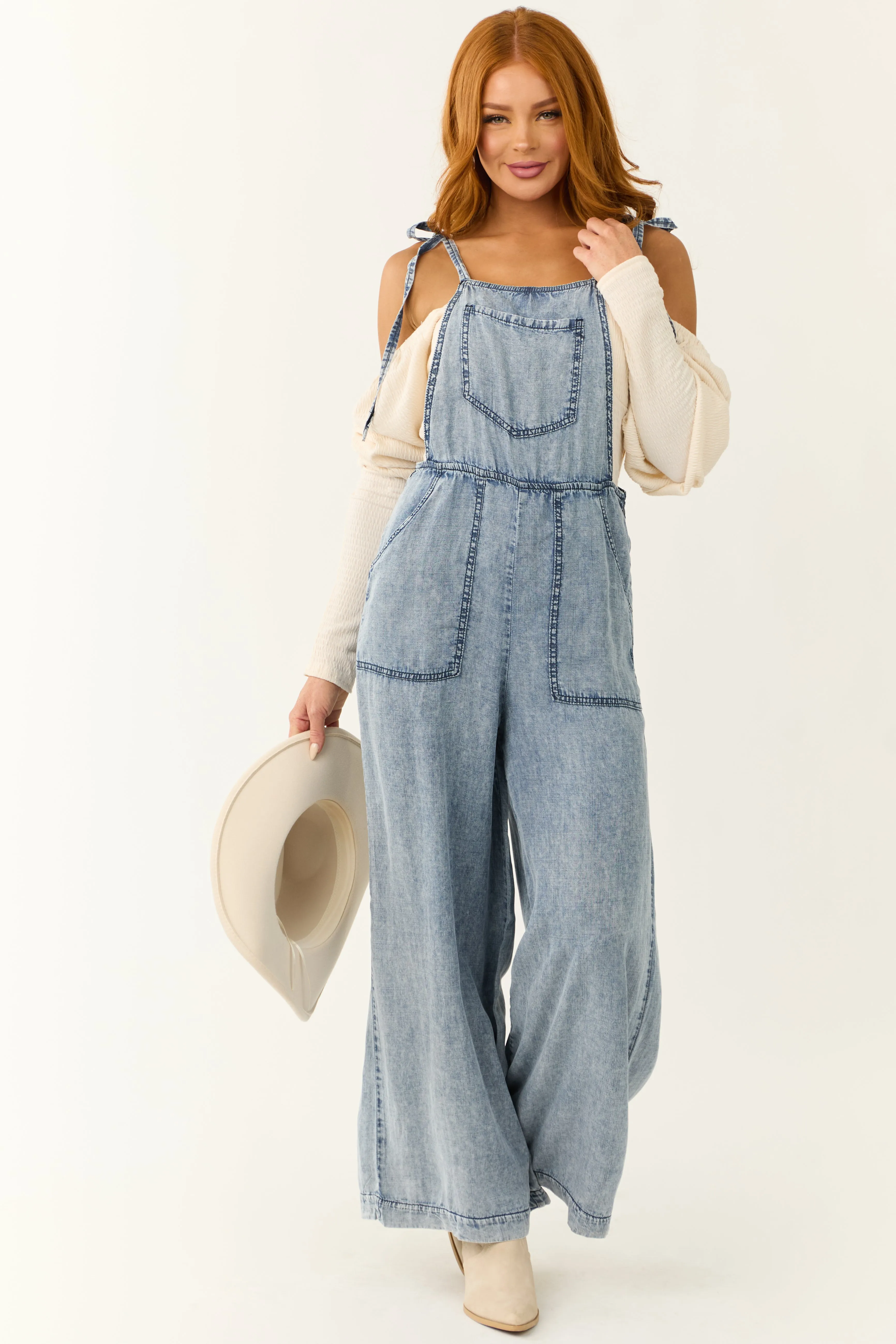 Medium Acid Wash Denim Wide Leg Jumpsuit