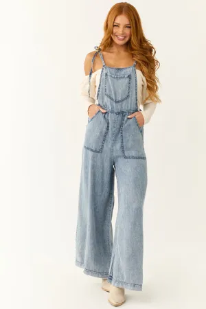 Medium Acid Wash Denim Wide Leg Jumpsuit