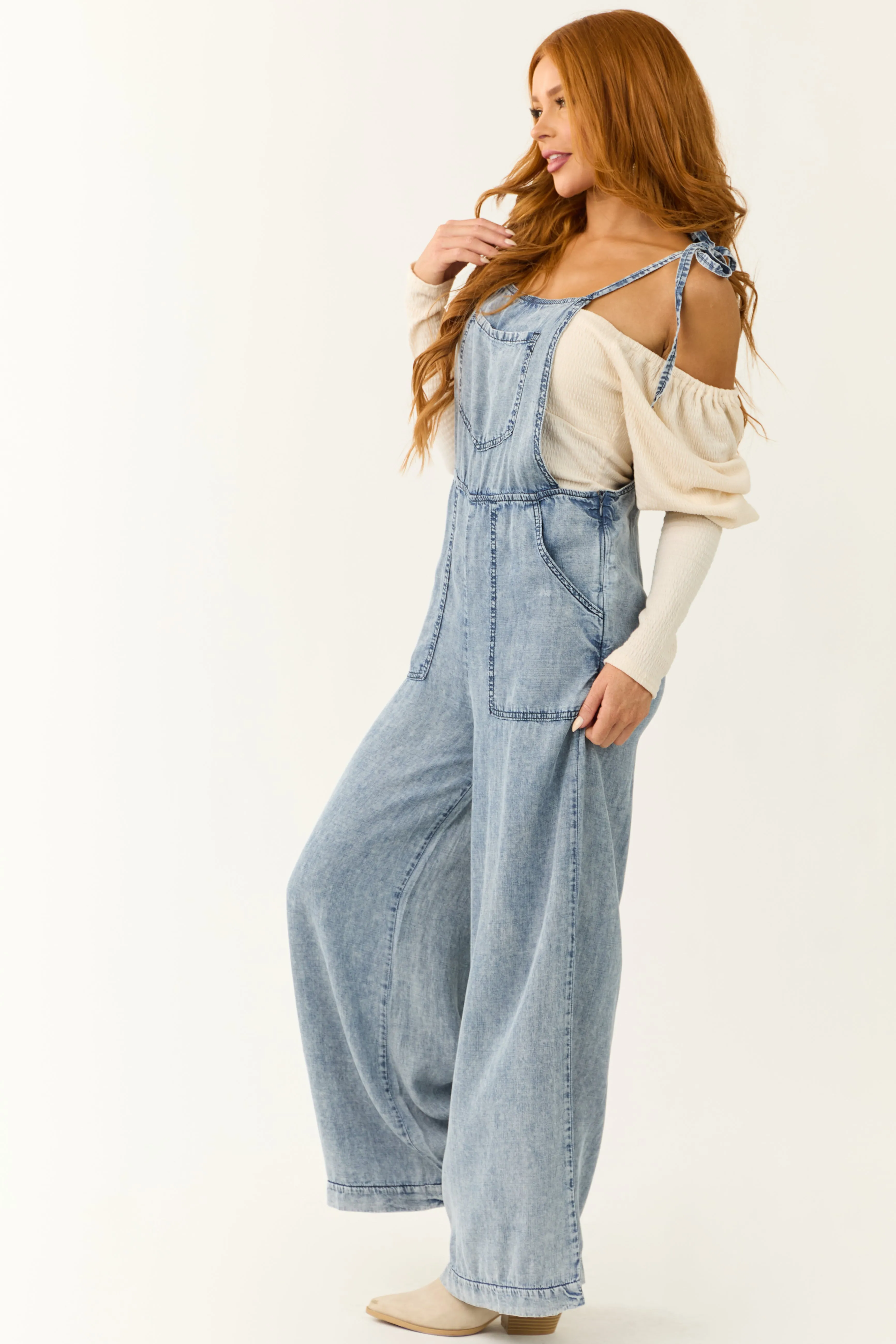 Medium Acid Wash Denim Wide Leg Jumpsuit