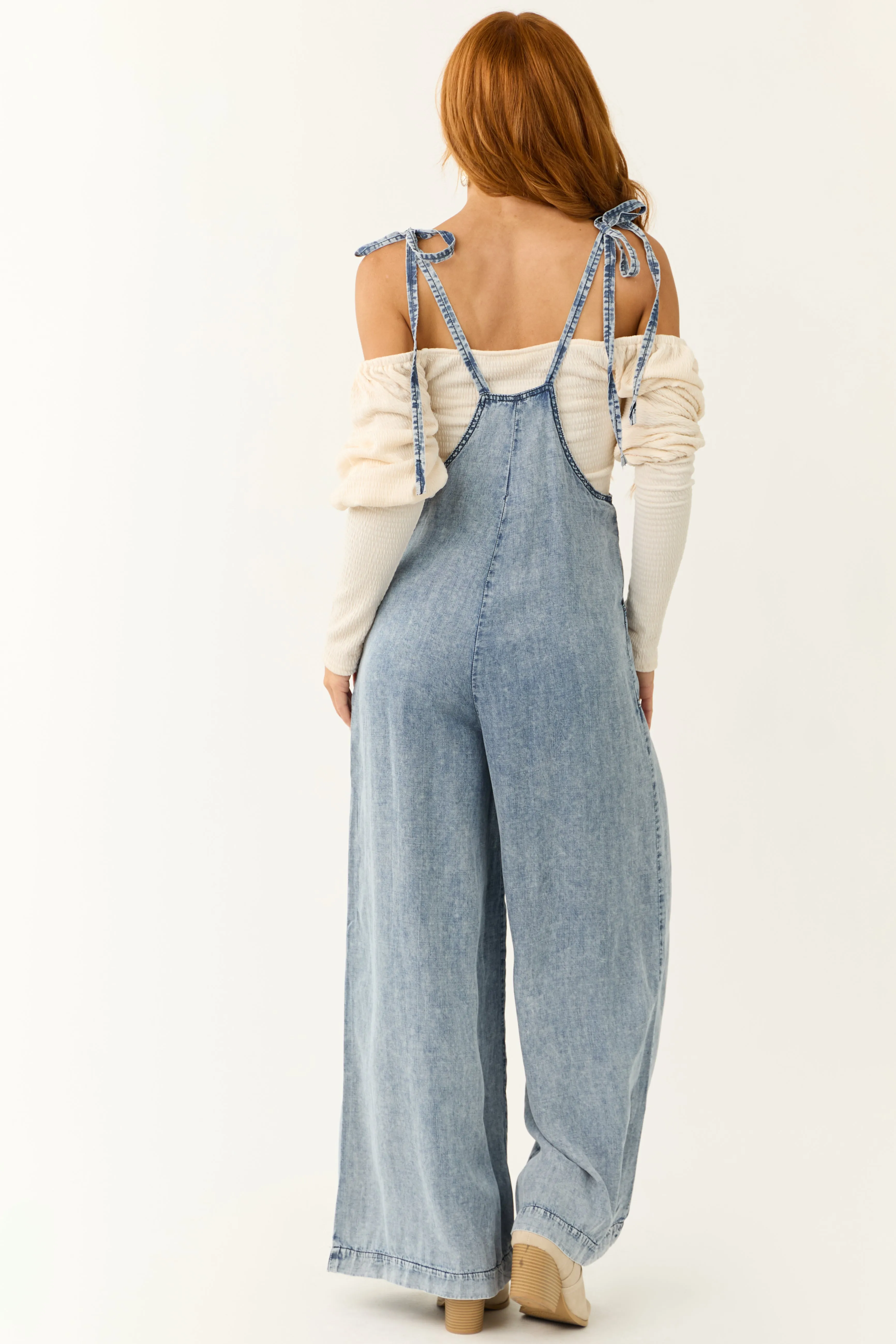 Medium Acid Wash Denim Wide Leg Jumpsuit