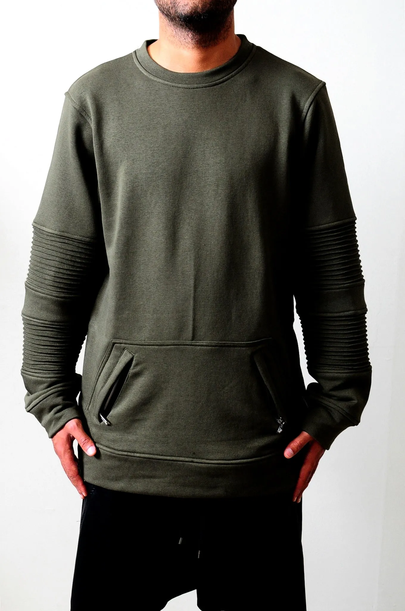 Men Crewneck Kangaroo Zipper Pocket Side Zipper Sweatshirt