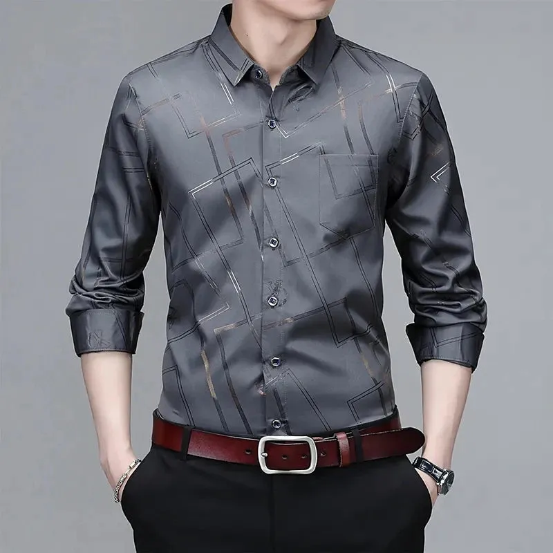 Men's Casual and Fashionable Long Sleeved Printed Shirt, Non Ironing and Wrinkle Resistant Business Top