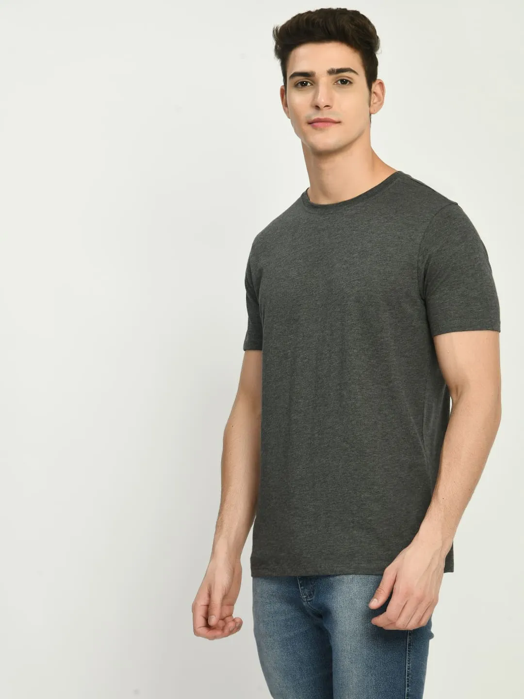 Men's Gray Black Solid Round Neck T-Shirt