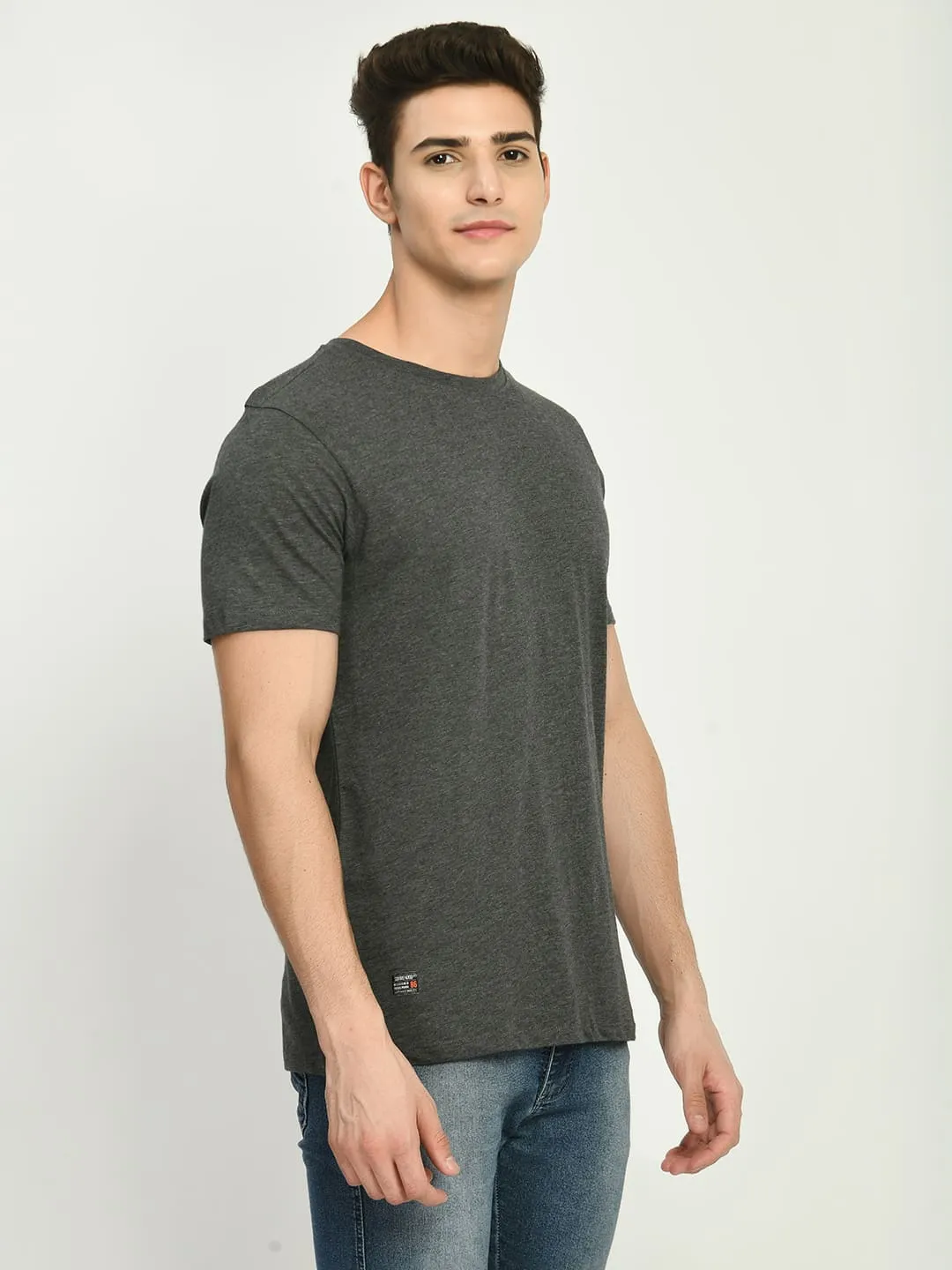 Men's Gray Black Solid Round Neck T-Shirt