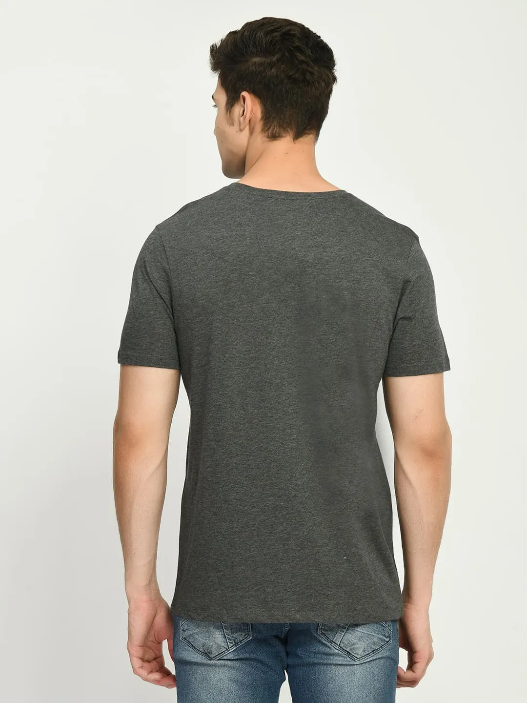 Men's Gray Black Solid Round Neck T-Shirt