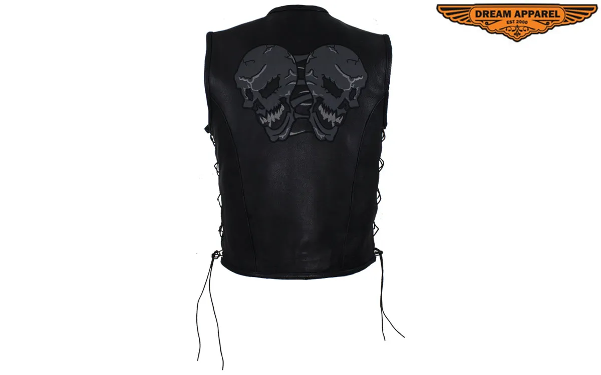 Mens Leather Vest With Skulls On Front & Back