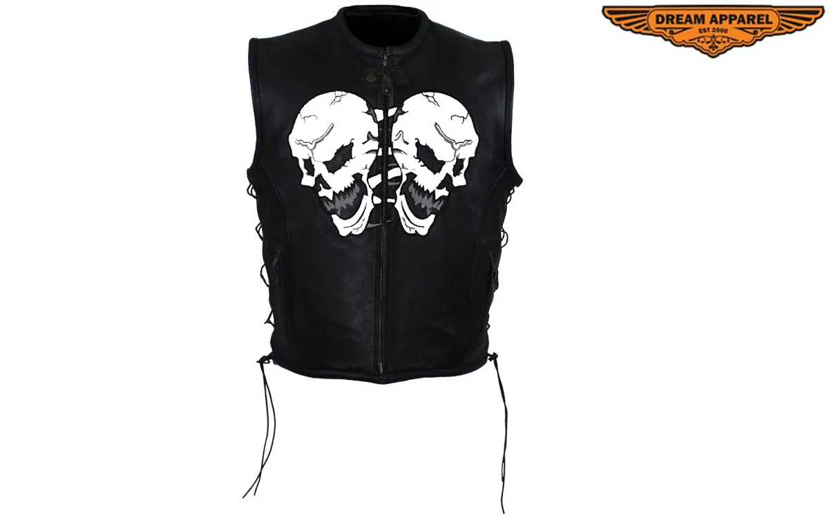 Mens Leather Vest With Skulls On Front & Back