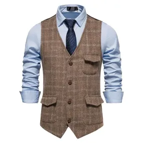 Men's Plaid Multi Pocket V Neck Vest