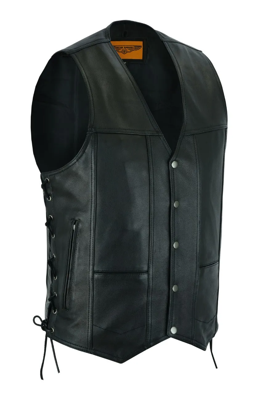 Mens Plain Leather Motorcycle Vest Concealed Gun Pockets, Long Panel Back for your Patches