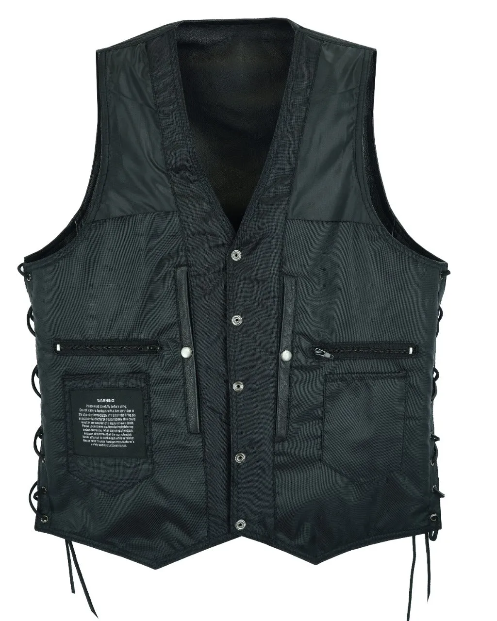 Mens Plain Leather Motorcycle Vest Concealed Gun Pockets, Long Panel Back for your Patches