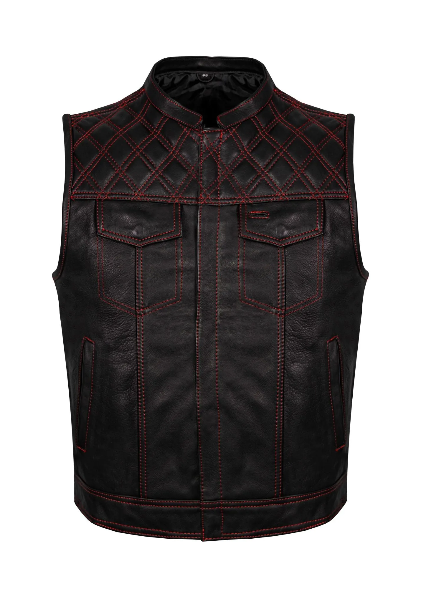 Mens Premium Naked Leather Motorcycle Club Vest Red Thread Zipper Front, Diamond Padding