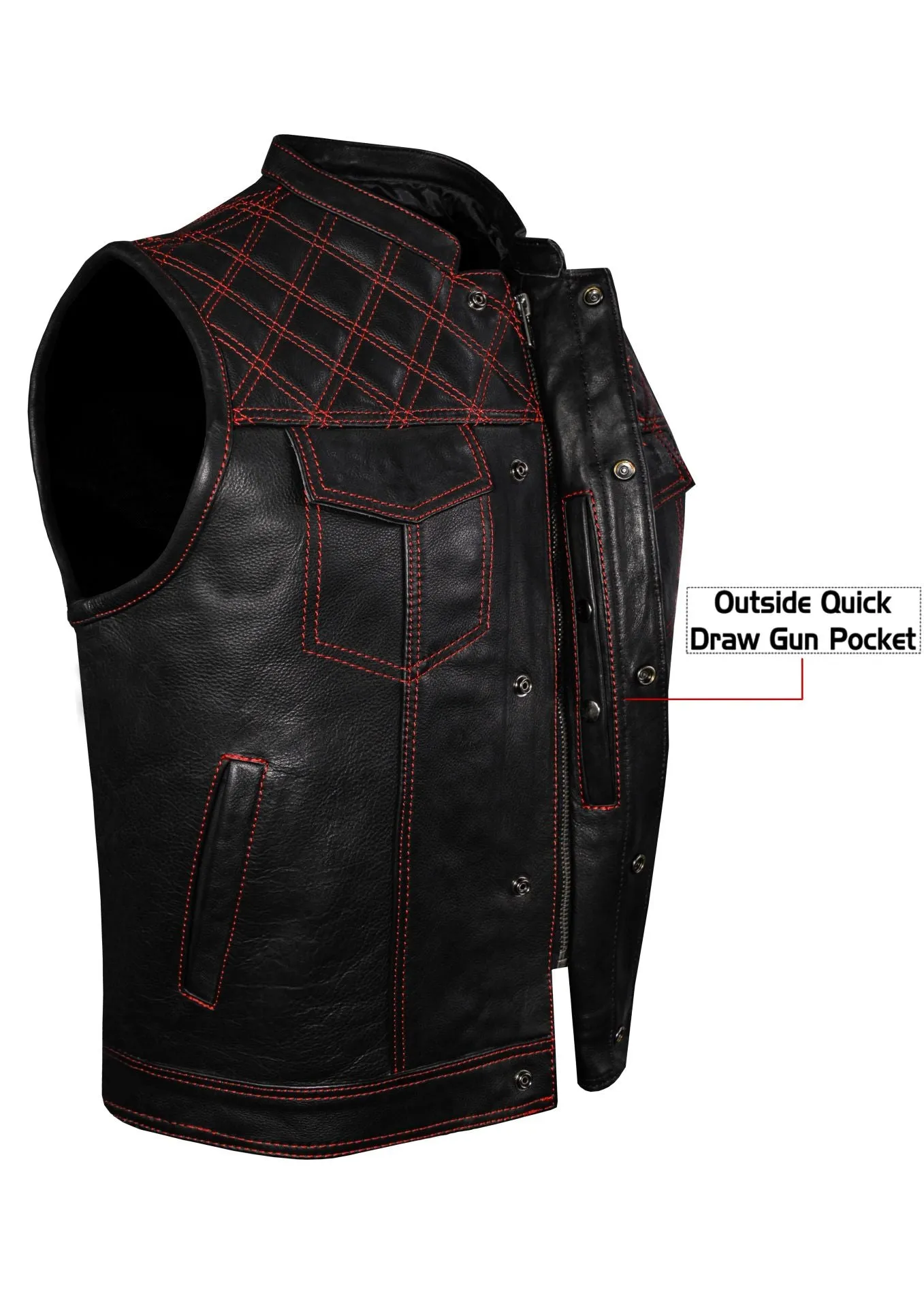 Mens Premium Naked Leather Motorcycle Club Vest Red Thread Zipper Front, Diamond Padding