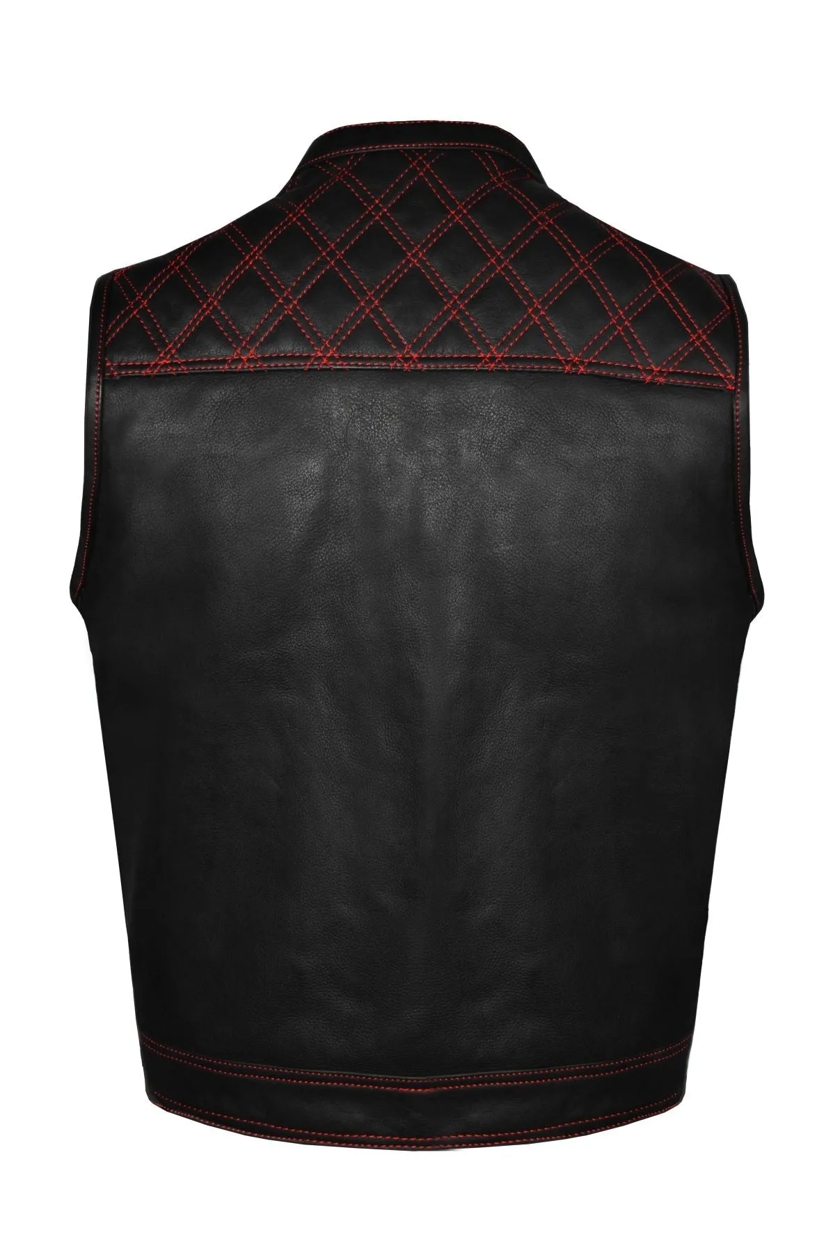 Mens Premium Naked Leather Motorcycle Club Vest Red Thread Zipper Front, Diamond Padding