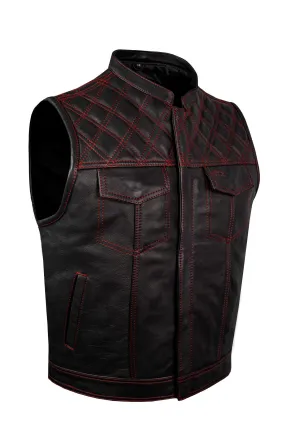 Mens Premium Naked Leather Motorcycle Club Vest Red Thread Zipper Front, Diamond Padding