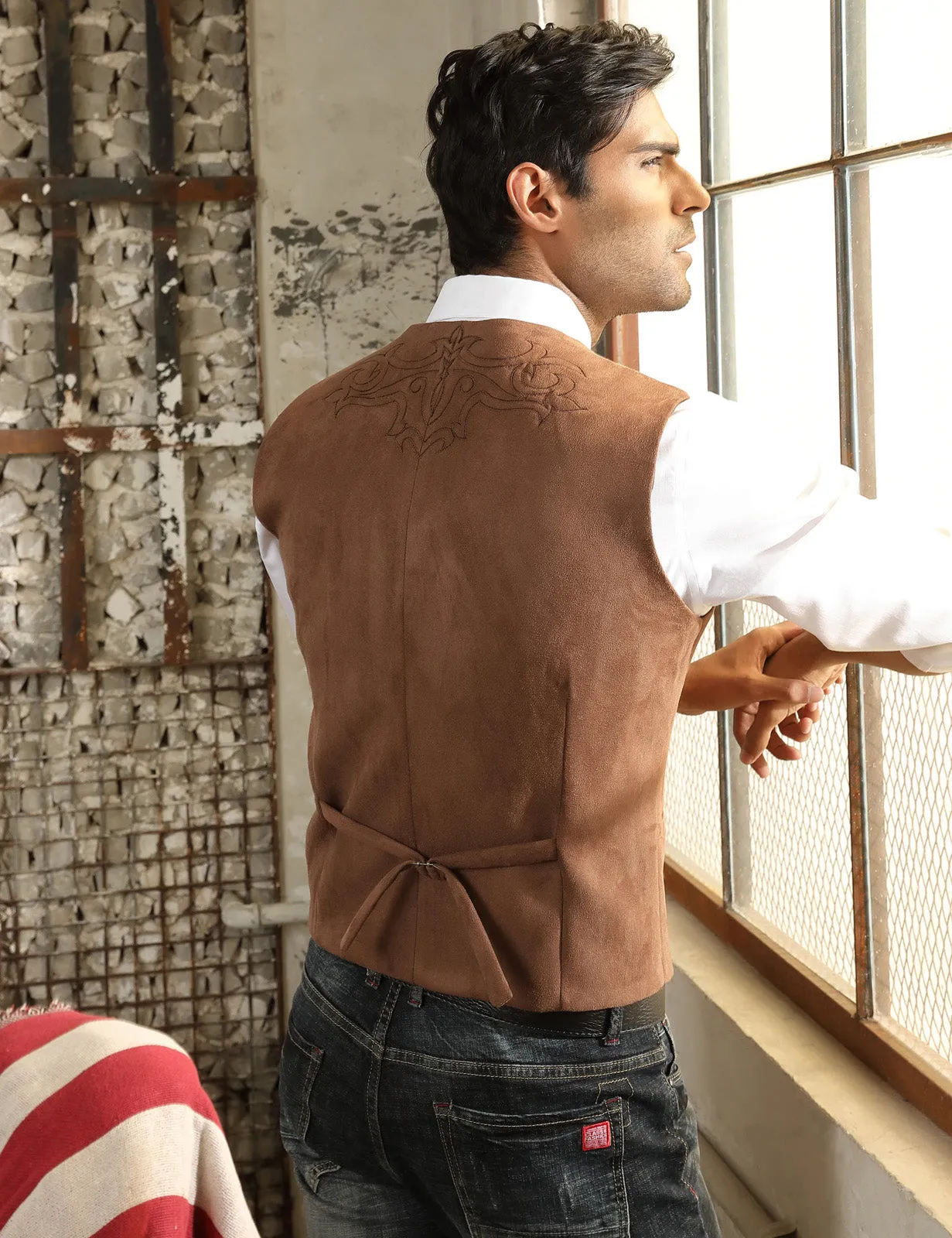 Men's Suede Leather Suit Vest Embroidery Casual Slim Fit Western Vest Waistcoats