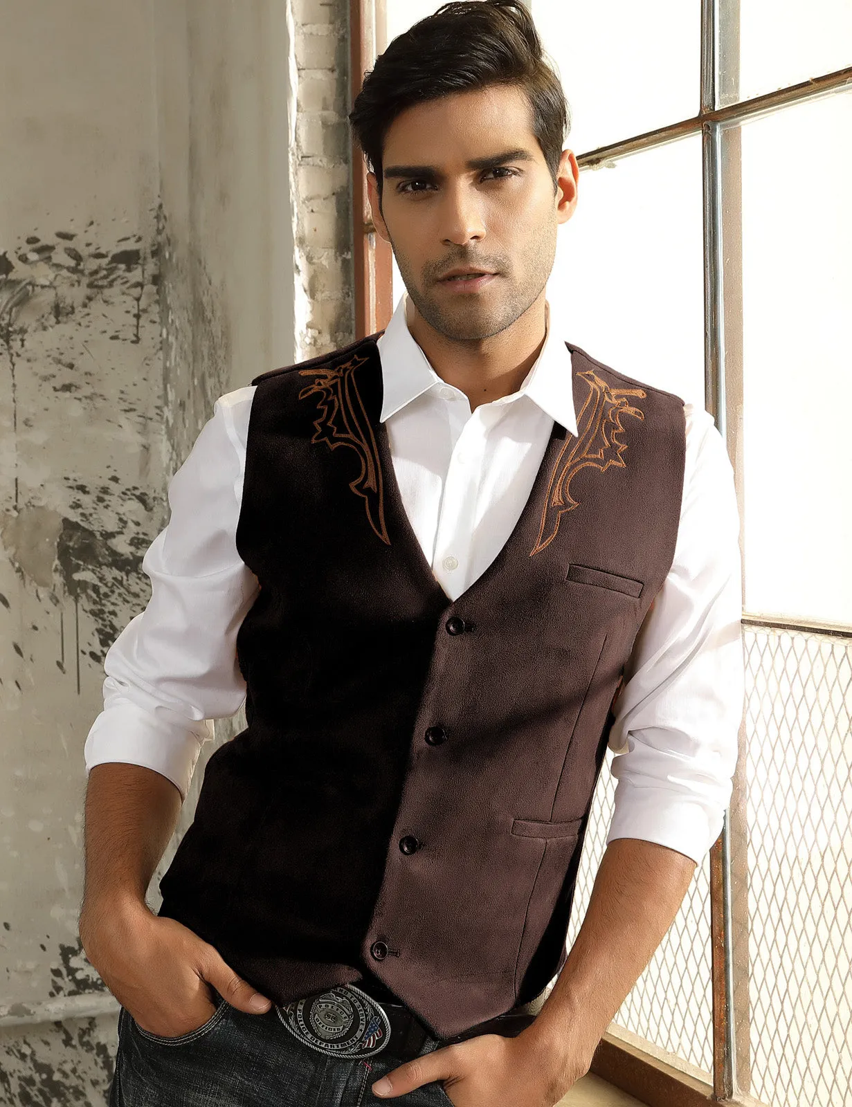 Men's Suede Leather Suit Vest Embroidery Casual Slim Fit Western Vest Waistcoats