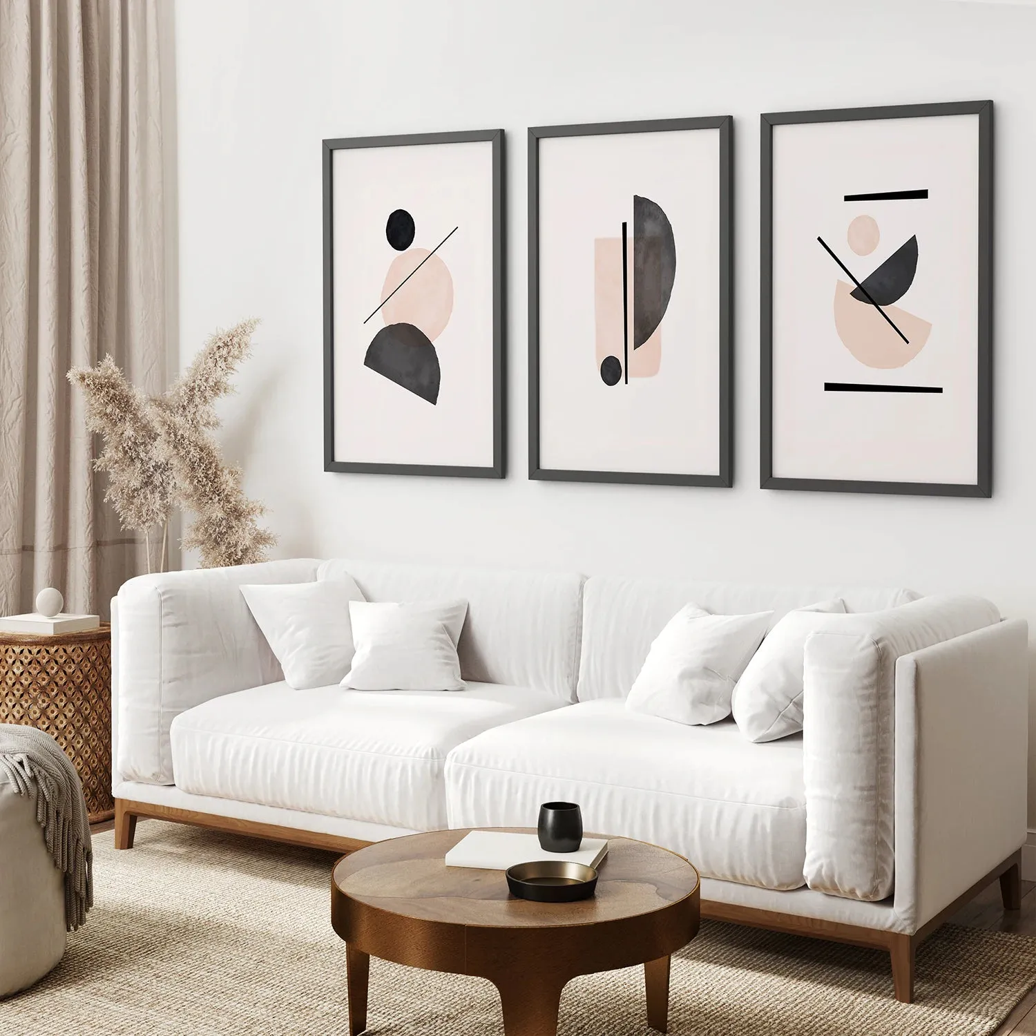 Mid-Century Modern Print Set: Beige & Black Abstract Art