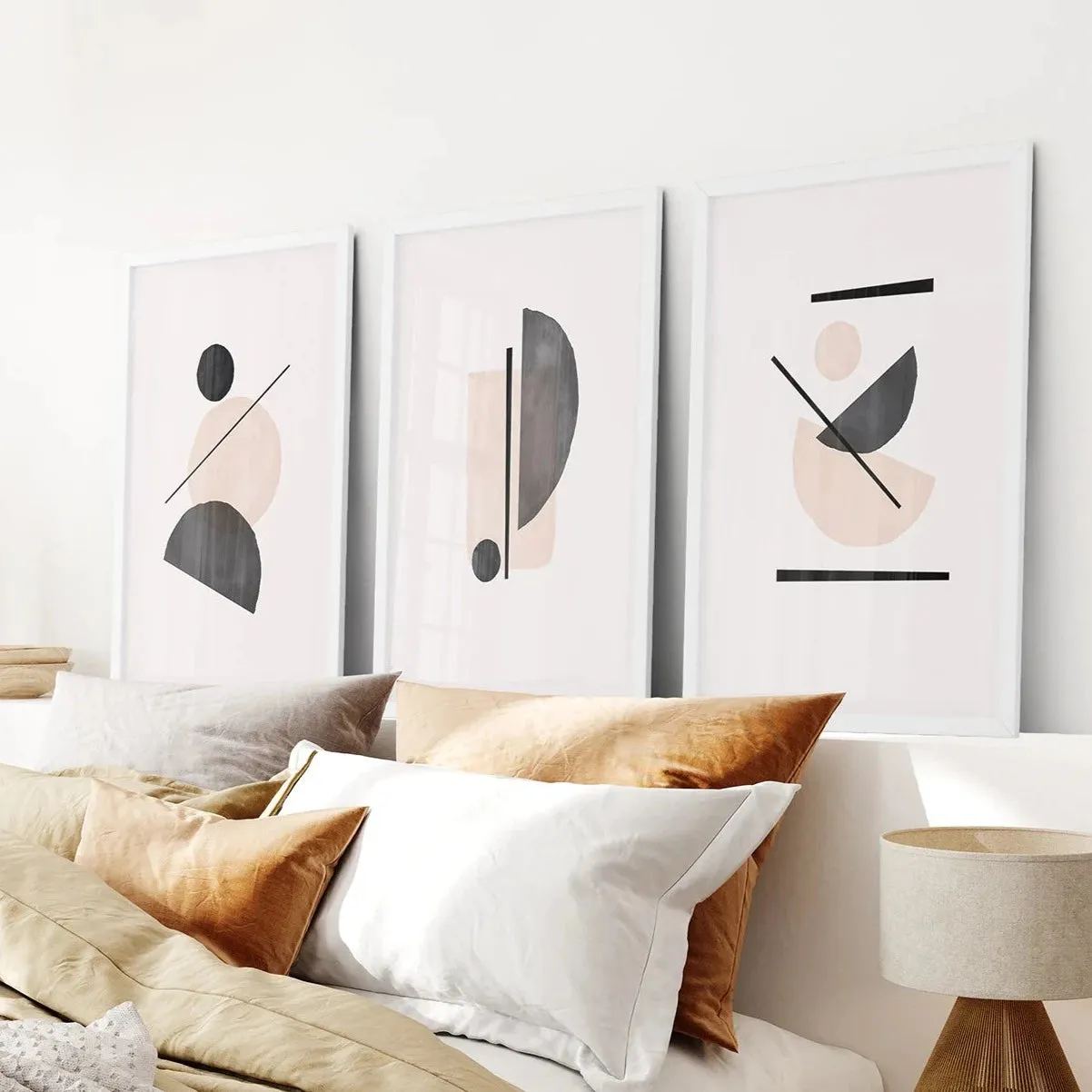 Mid-Century Modern Print Set: Beige & Black Abstract Art