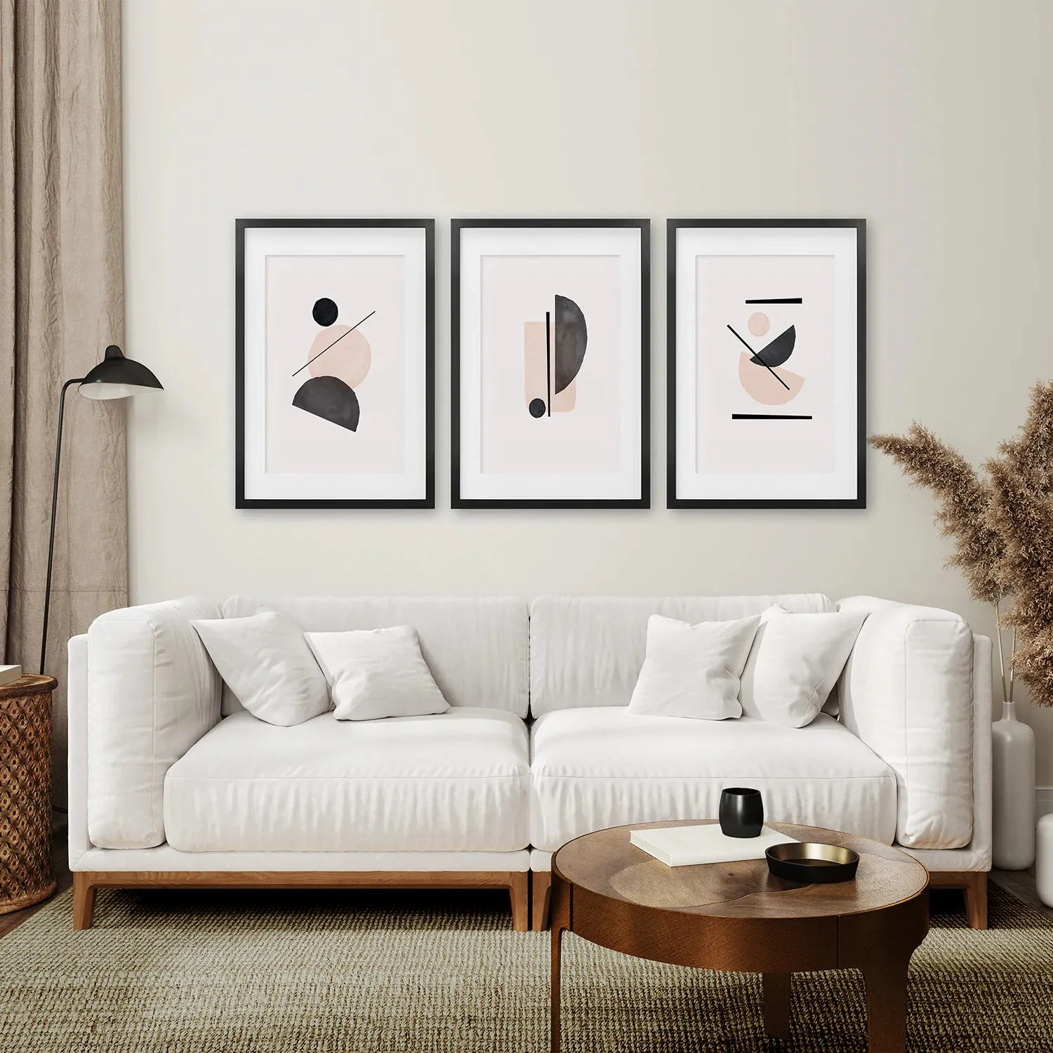 Mid-Century Modern Print Set: Beige & Black Abstract Art