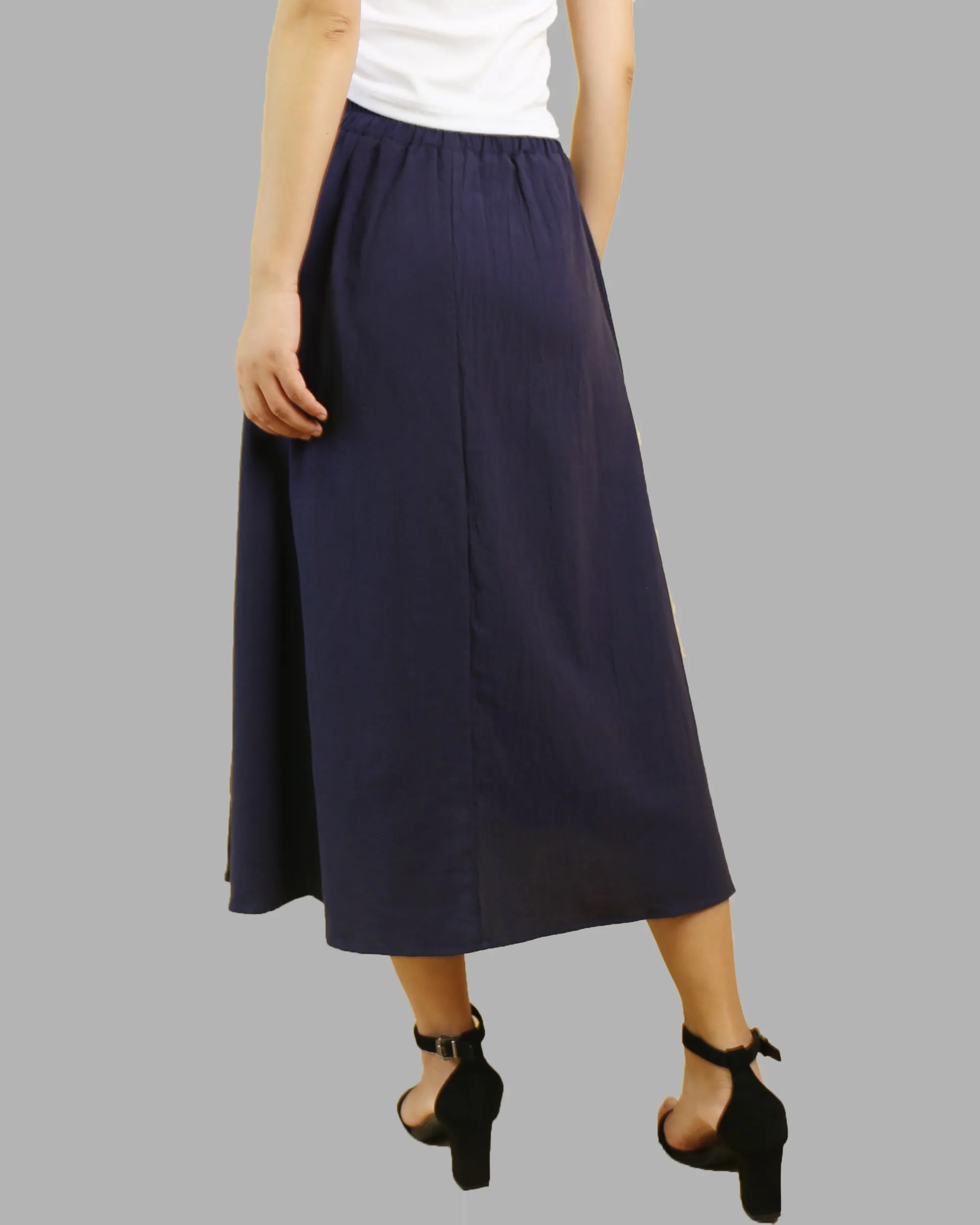 Midi linen skirt, elastic waist skirt, Boho skirt with pockets, high waist skirt, flared skirt(Q1062)