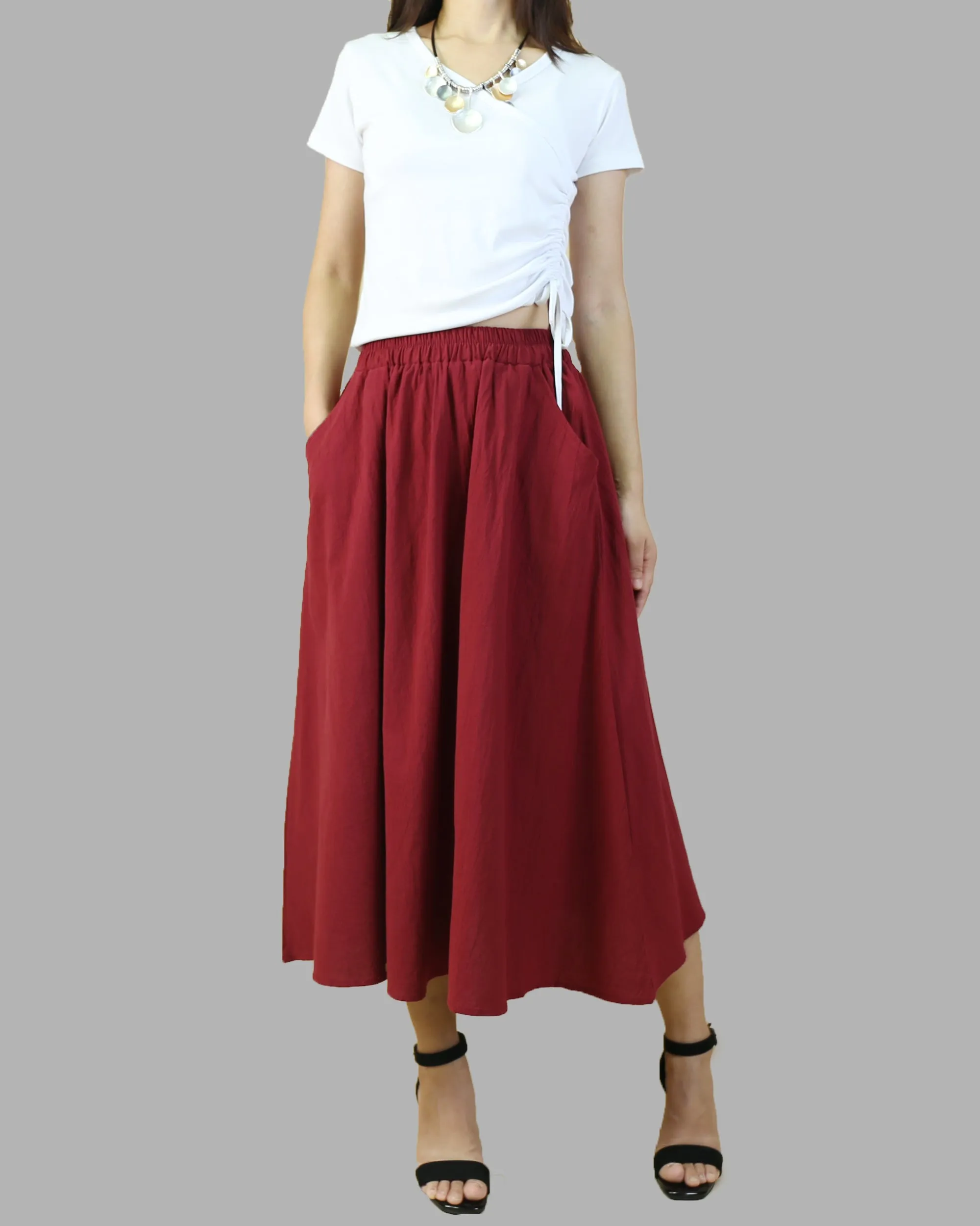 Midi linen skirt, elastic waist skirt, Boho skirt with pockets, high waist skirt, flared skirt(Q1062)