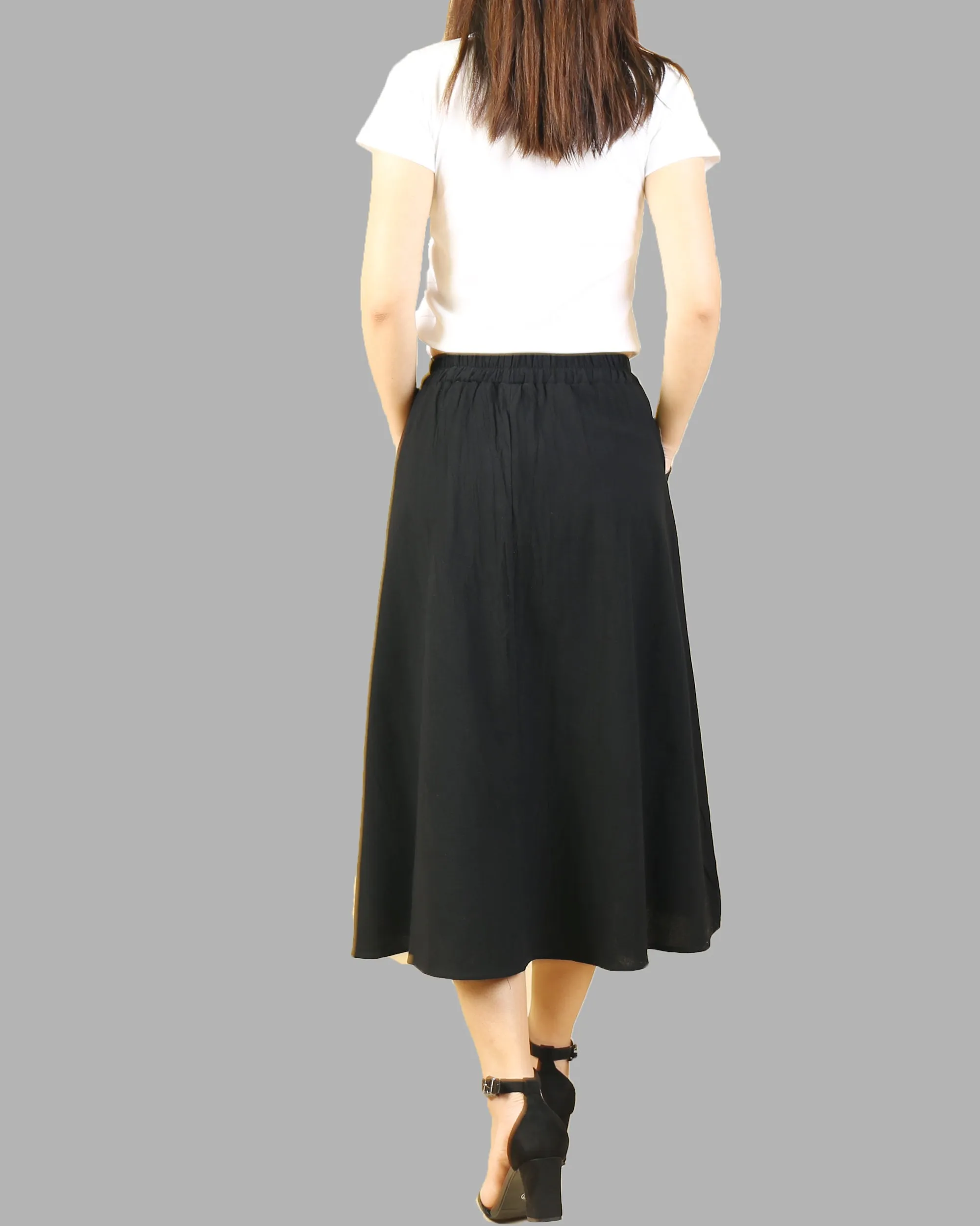 Midi linen skirt, elastic waist skirt, Boho skirt with pockets, high waist skirt, flared skirt(Q1062)