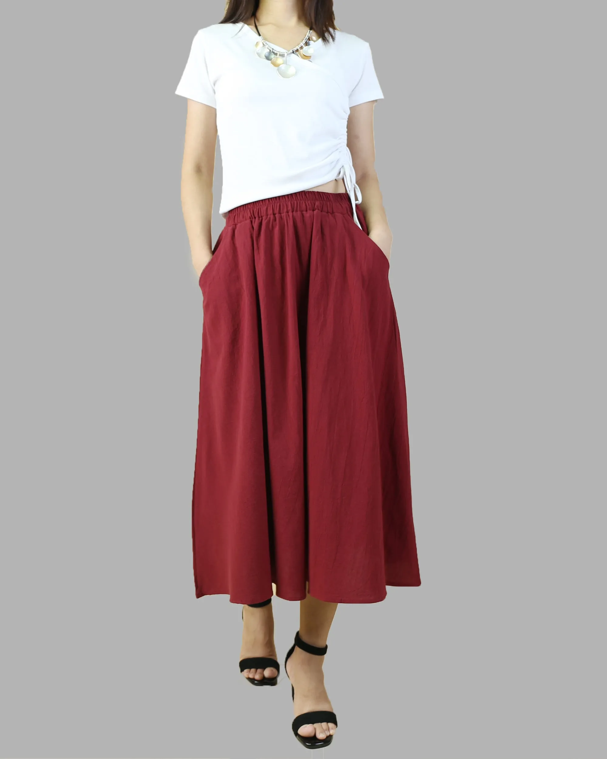 Midi linen skirt, elastic waist skirt, Boho skirt with pockets, high waist skirt, flared skirt(Q1062)