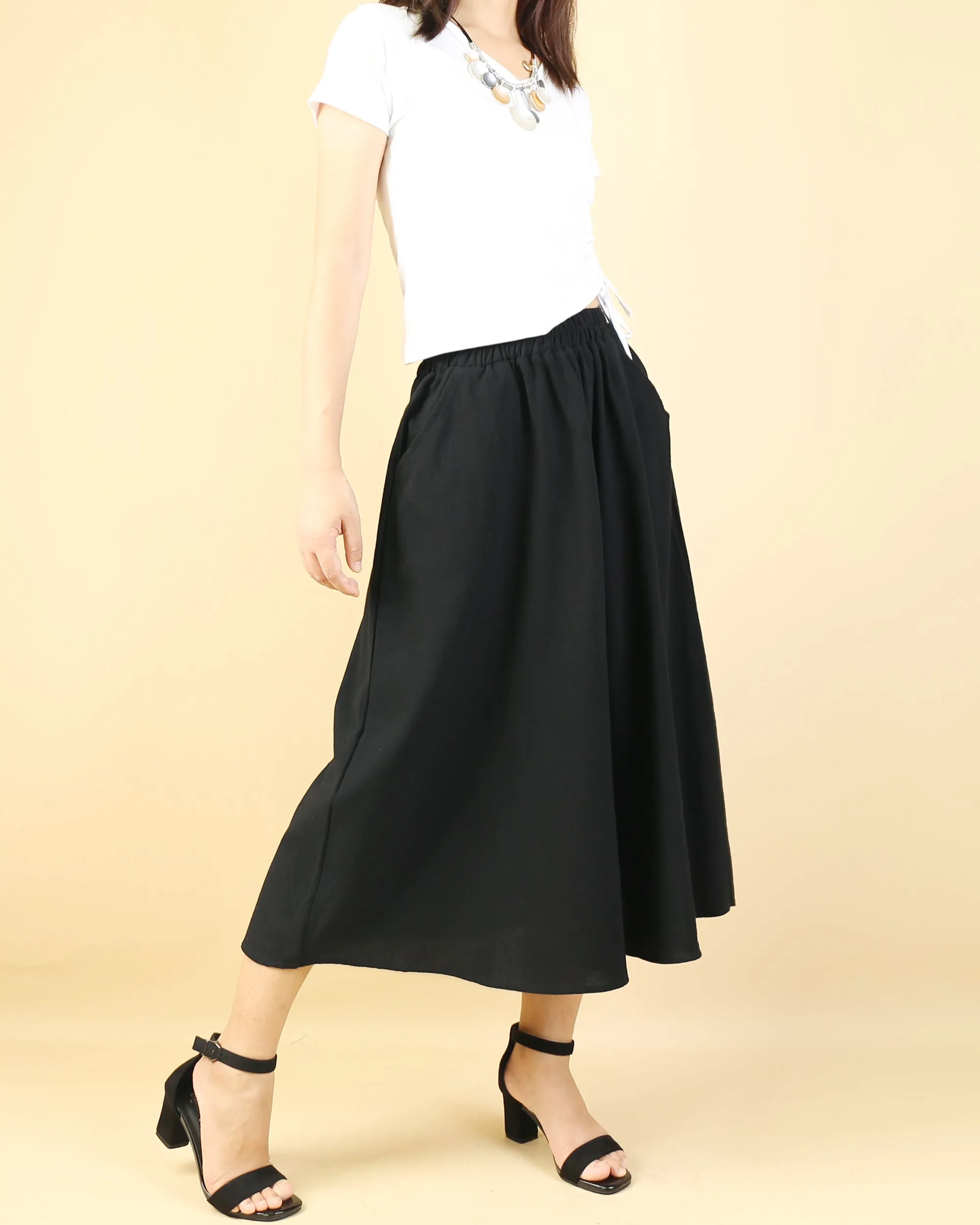 Midi linen skirt, elastic waist skirt, Boho skirt with pockets, high waist skirt, flared skirt(Q1062)