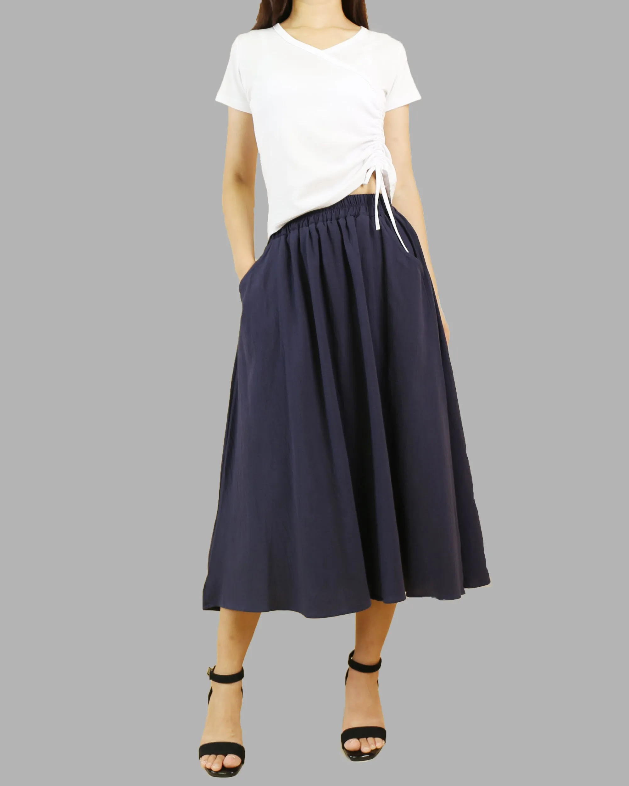 Midi linen skirt, elastic waist skirt, Boho skirt with pockets, high waist skirt, flared skirt(Q1062)