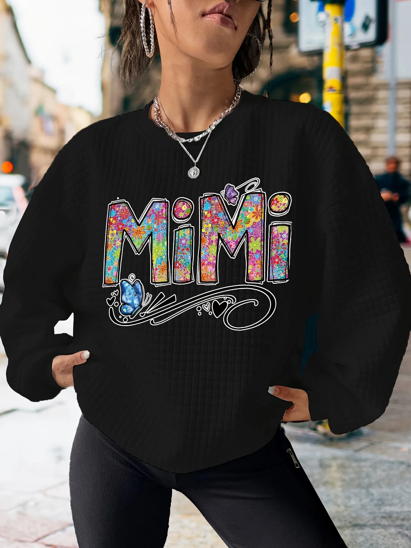 MIMI Chic Waffle Print Crew Neck Sweatshirt - Soft, Cozy, Long Sleeve, Casual, Women's Fashion Clothing for Daily Wear - High-Quality Fabric, Relaxed Fit, Easy Care