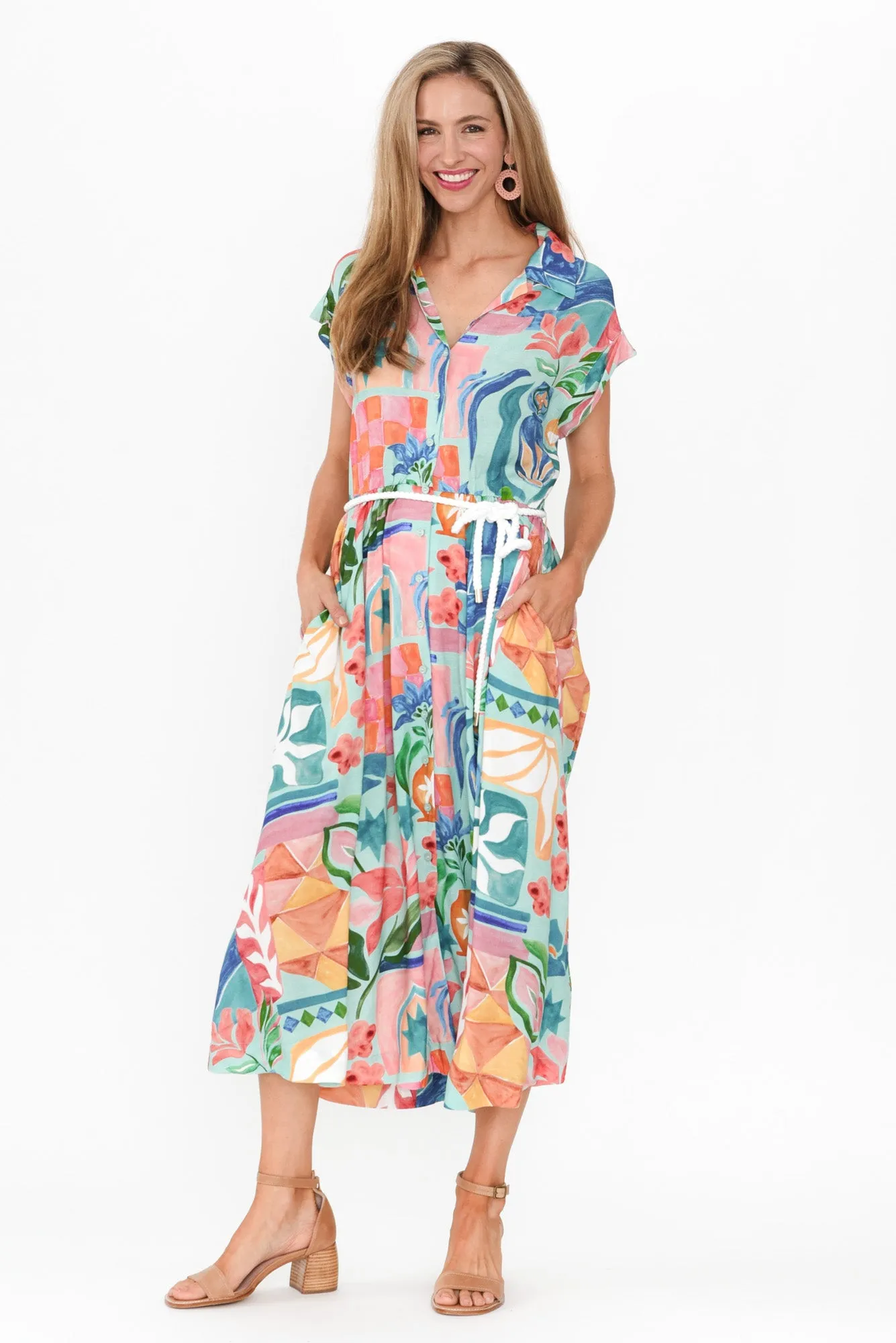 Morgana Blue Abstract Tie Shirt Dress