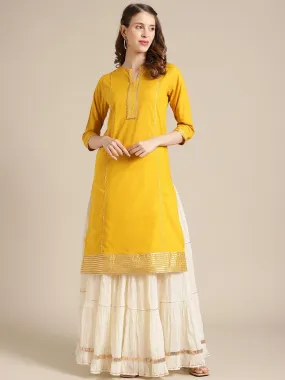 Mustard-Gota-Work-Kurta-With-Mulmul-Gota-Embellished-Tiered-Skirt