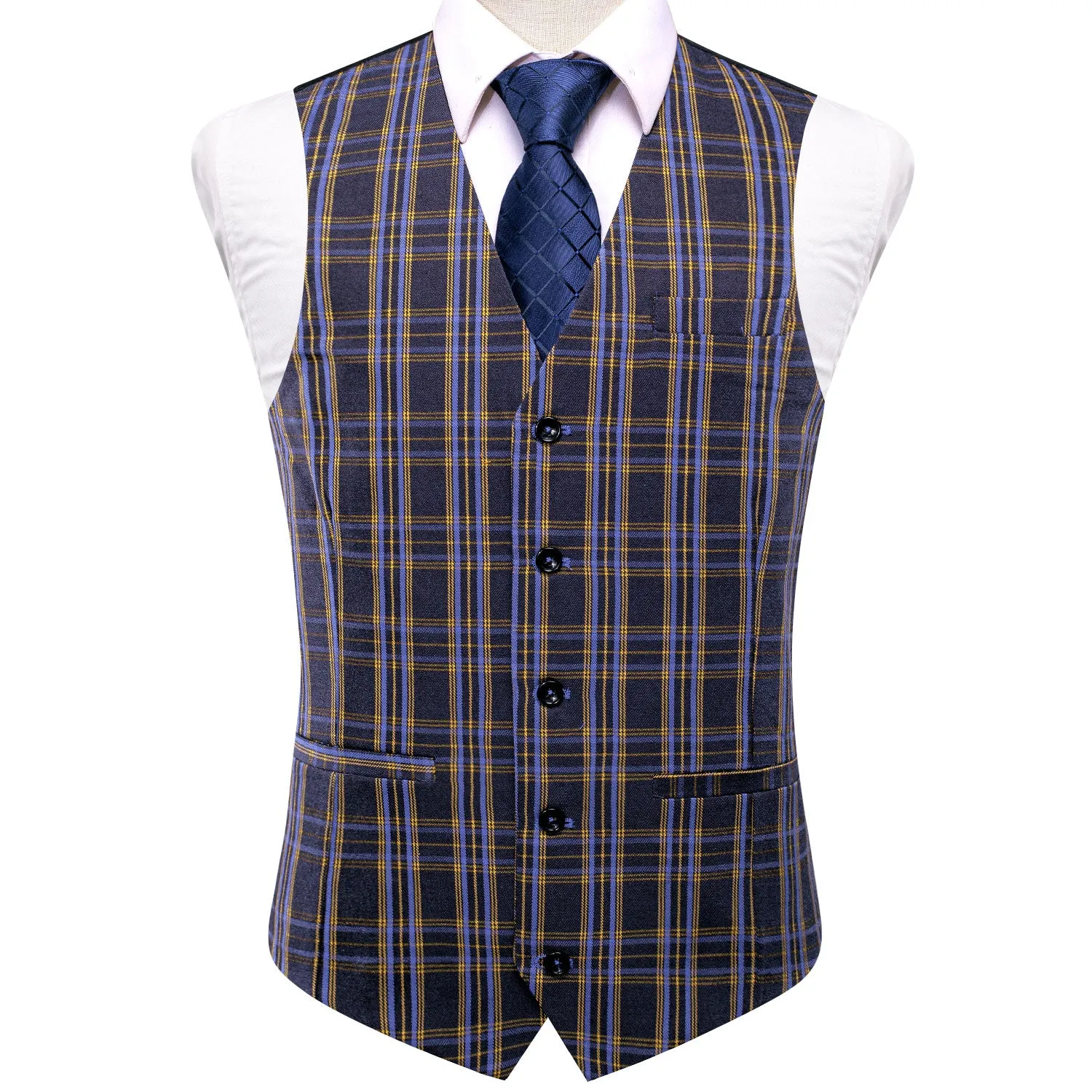 Navy Blue Yellow Plaid Silk Men's Single Vest Waistcoat