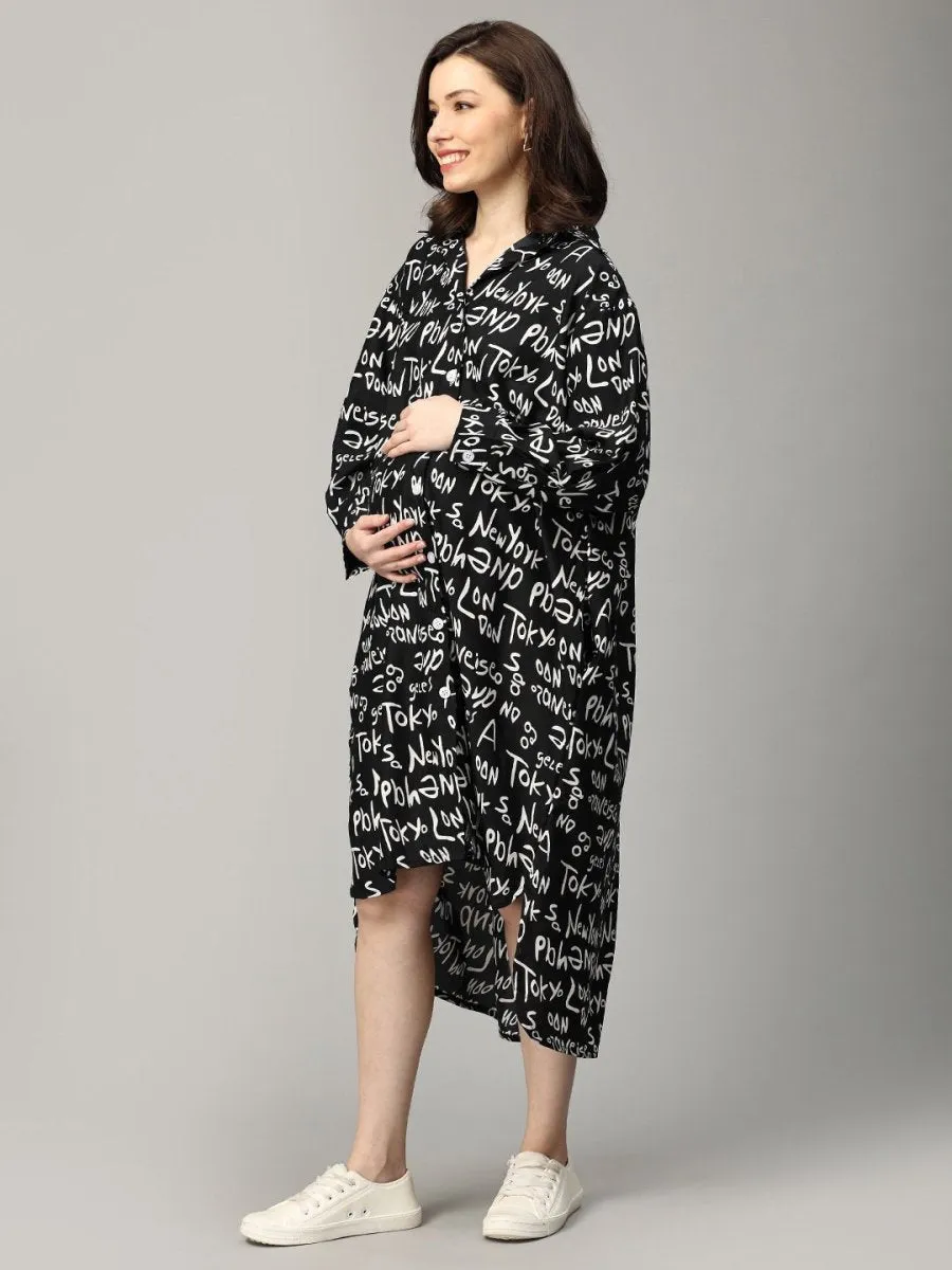 Night In Tokyo Maternity and Nursing OverSized Shirt Dress