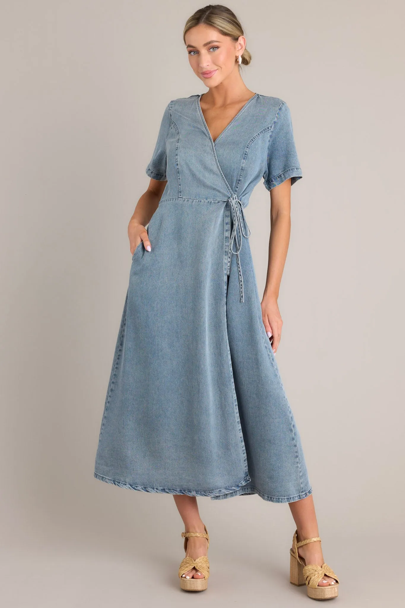 Odyssey Within Medium Wash Chambray Wrap Midi Dress