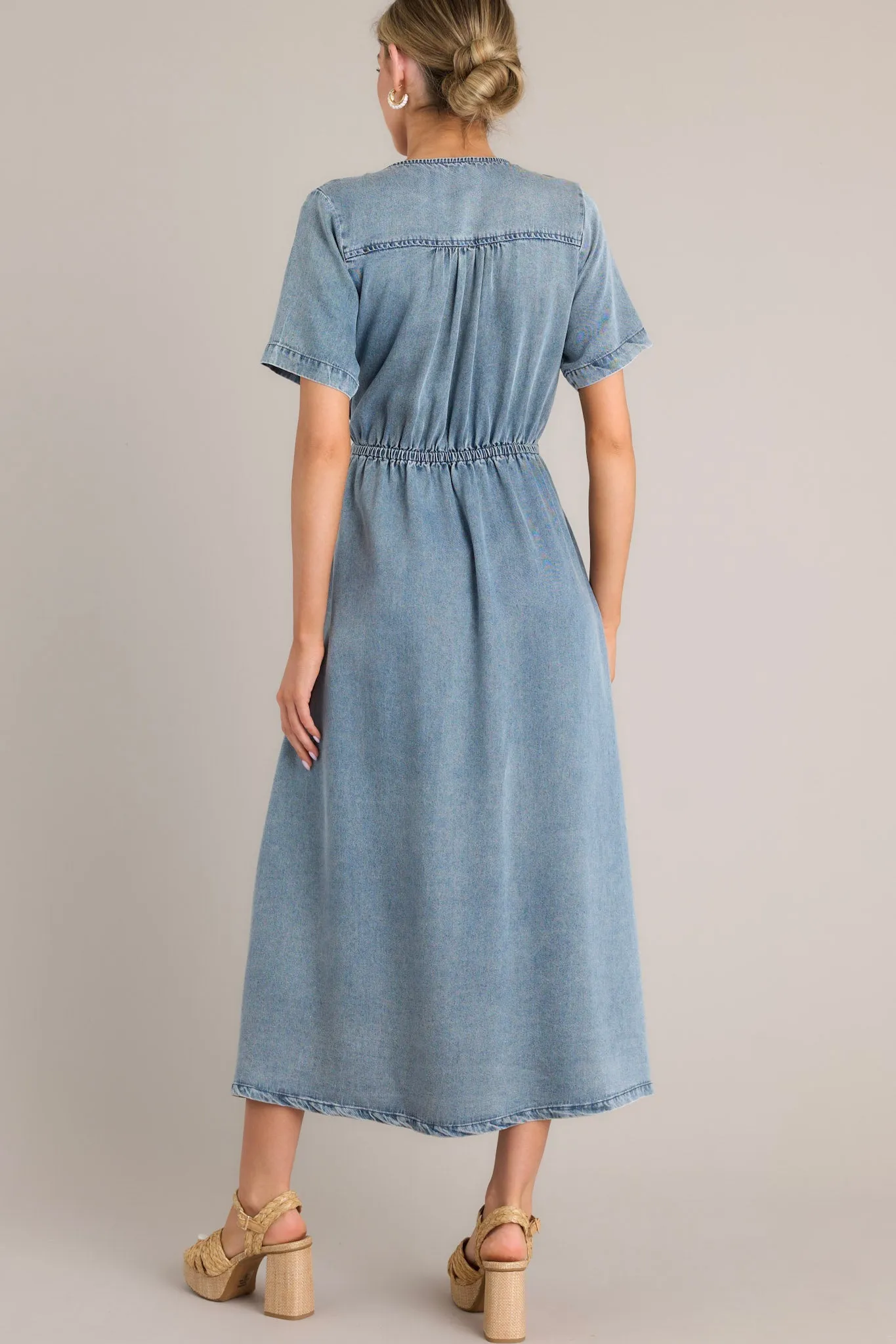 Odyssey Within Medium Wash Chambray Wrap Midi Dress