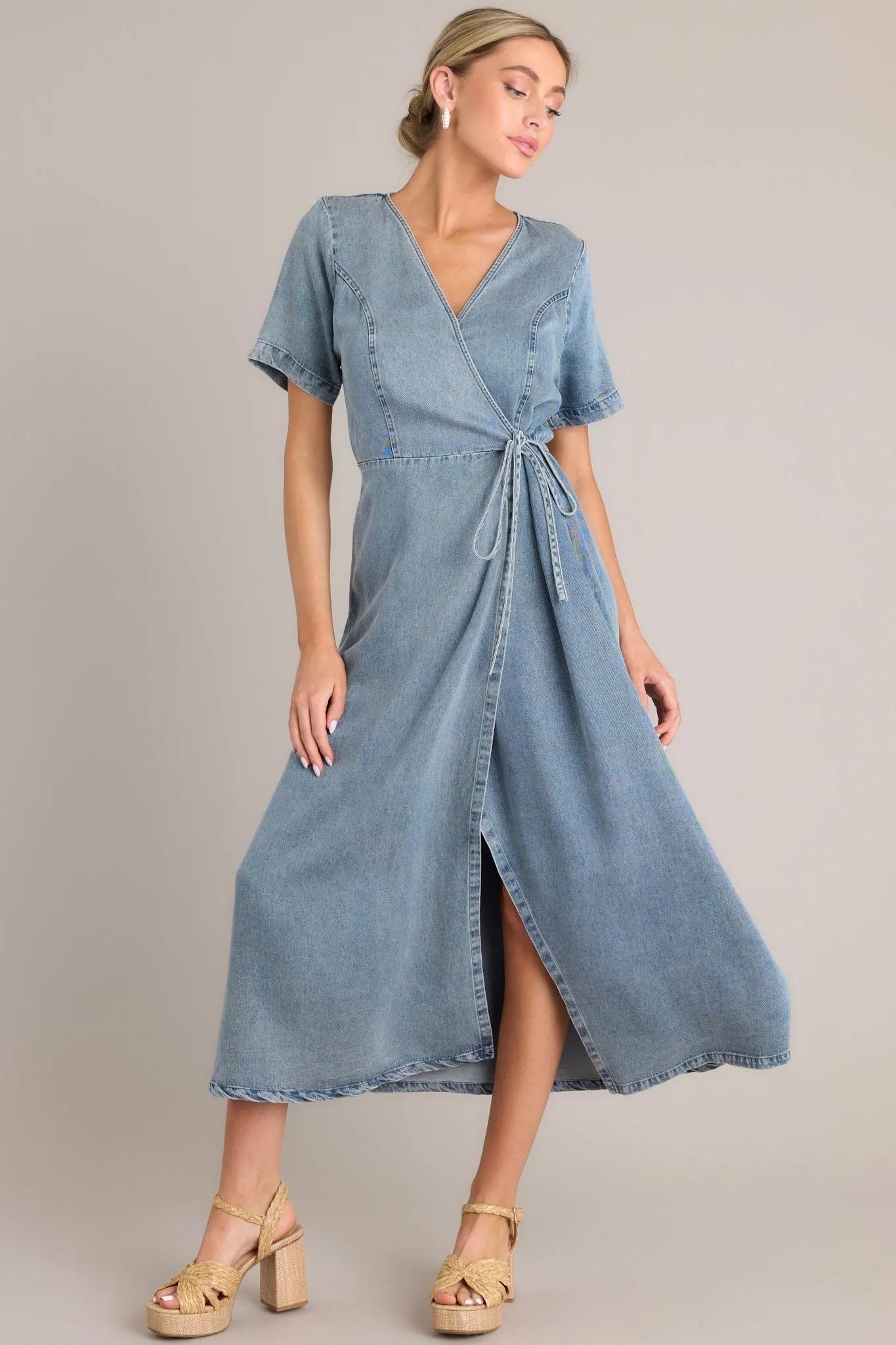 Odyssey Within Medium Wash Chambray Wrap Midi Dress