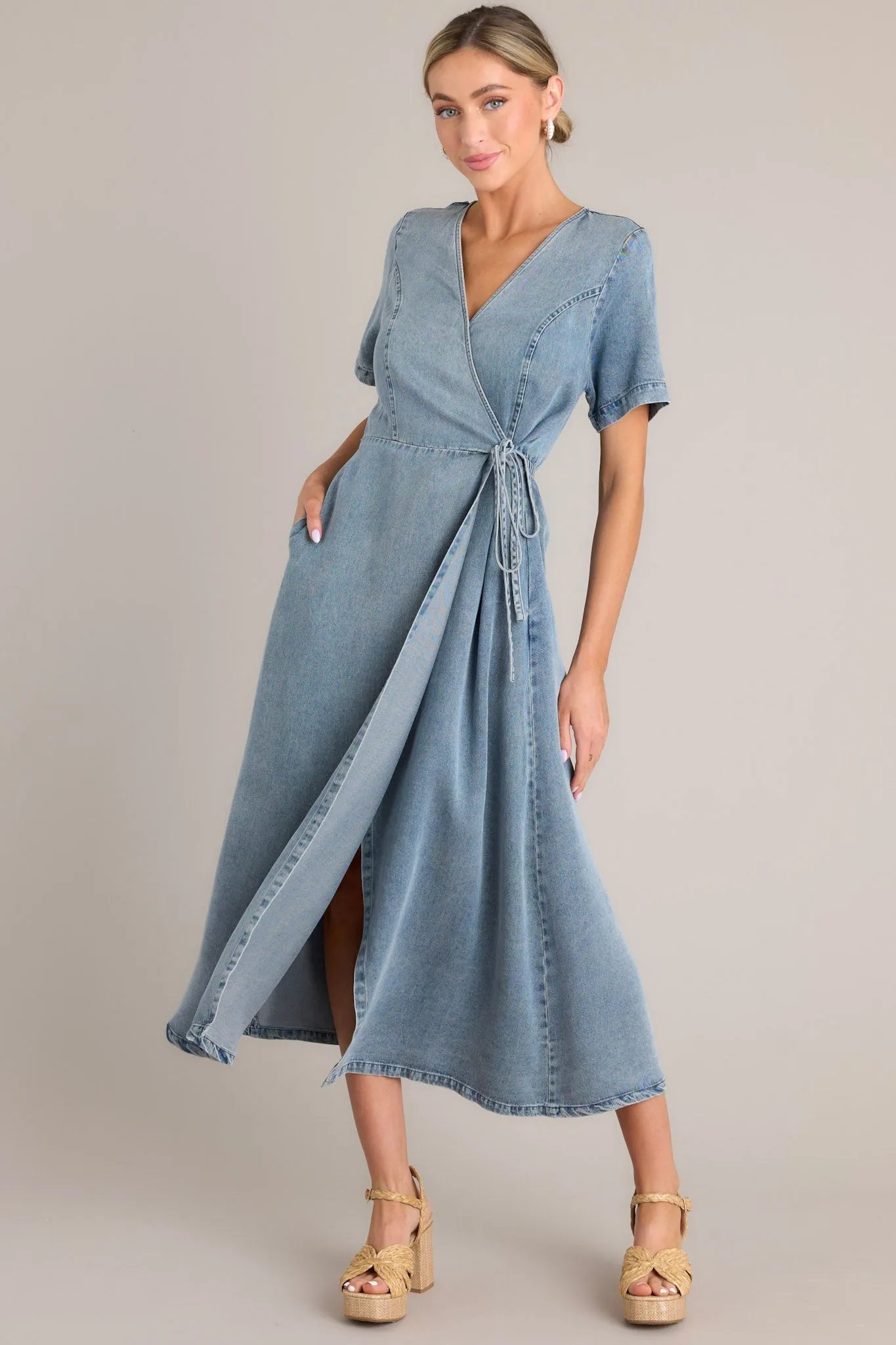 Odyssey Within Medium Wash Chambray Wrap Midi Dress