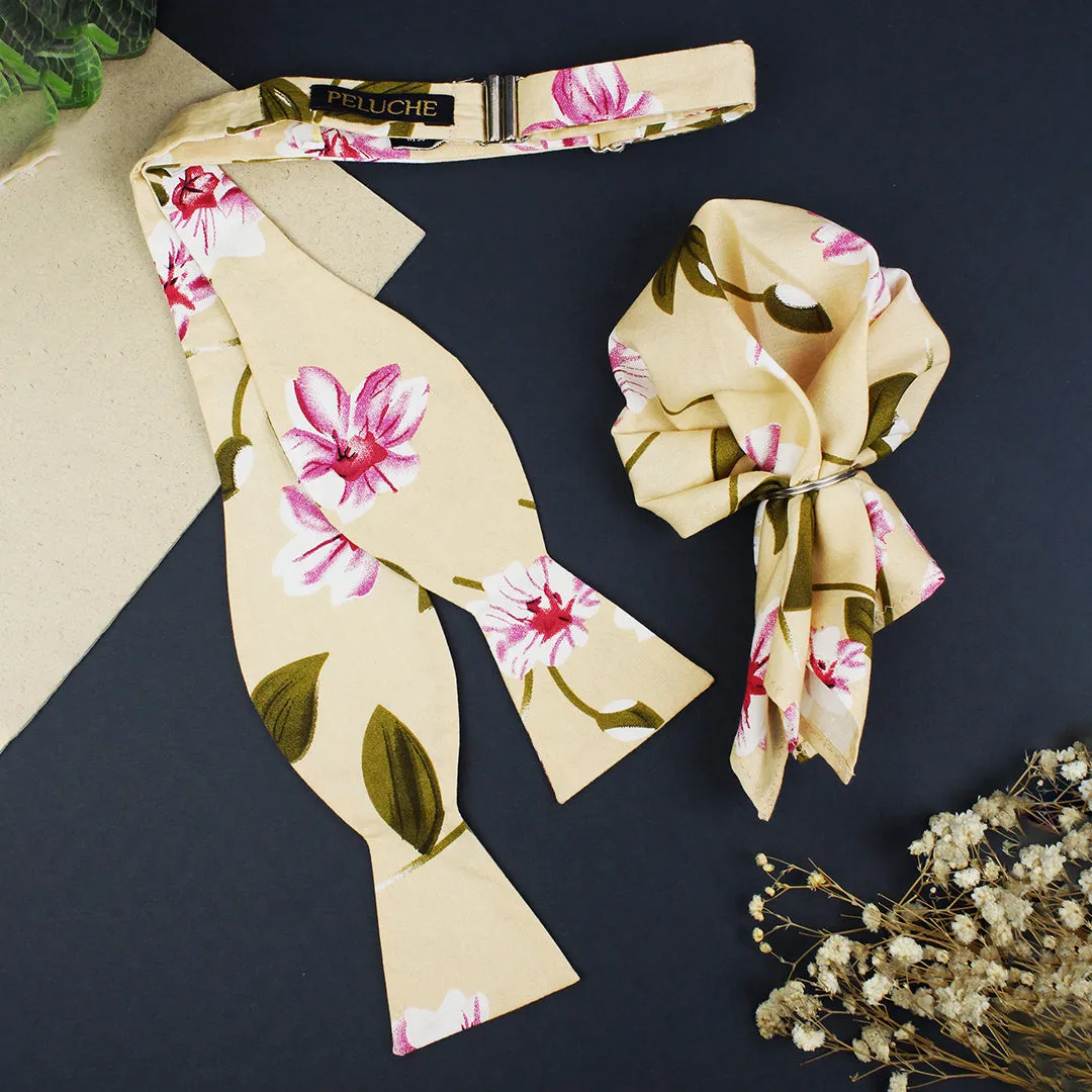 Peluche Floral Notch Beige Open Bow Tie & Pocket Square Set for Men