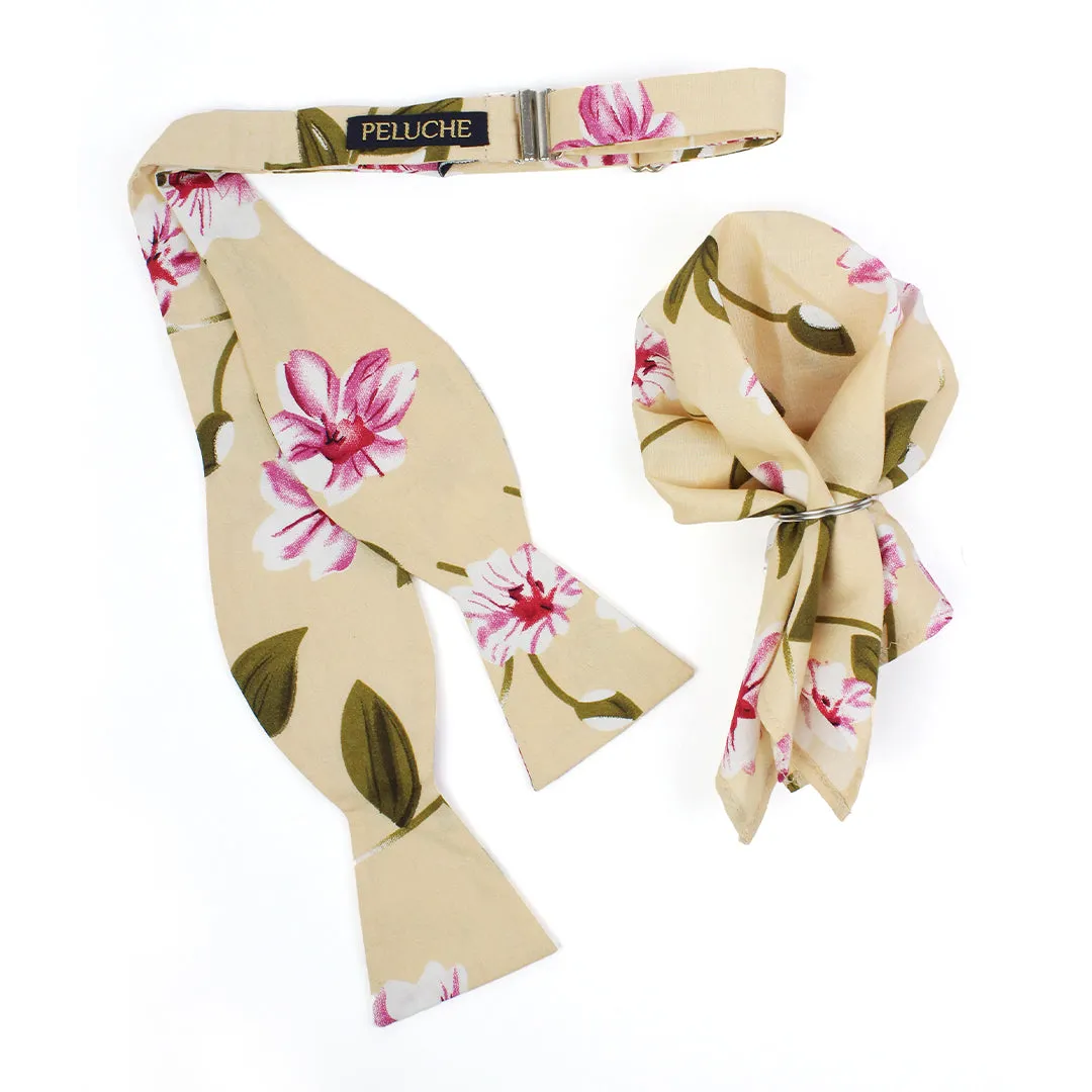 Peluche Floral Notch Beige Open Bow Tie & Pocket Square Set for Men