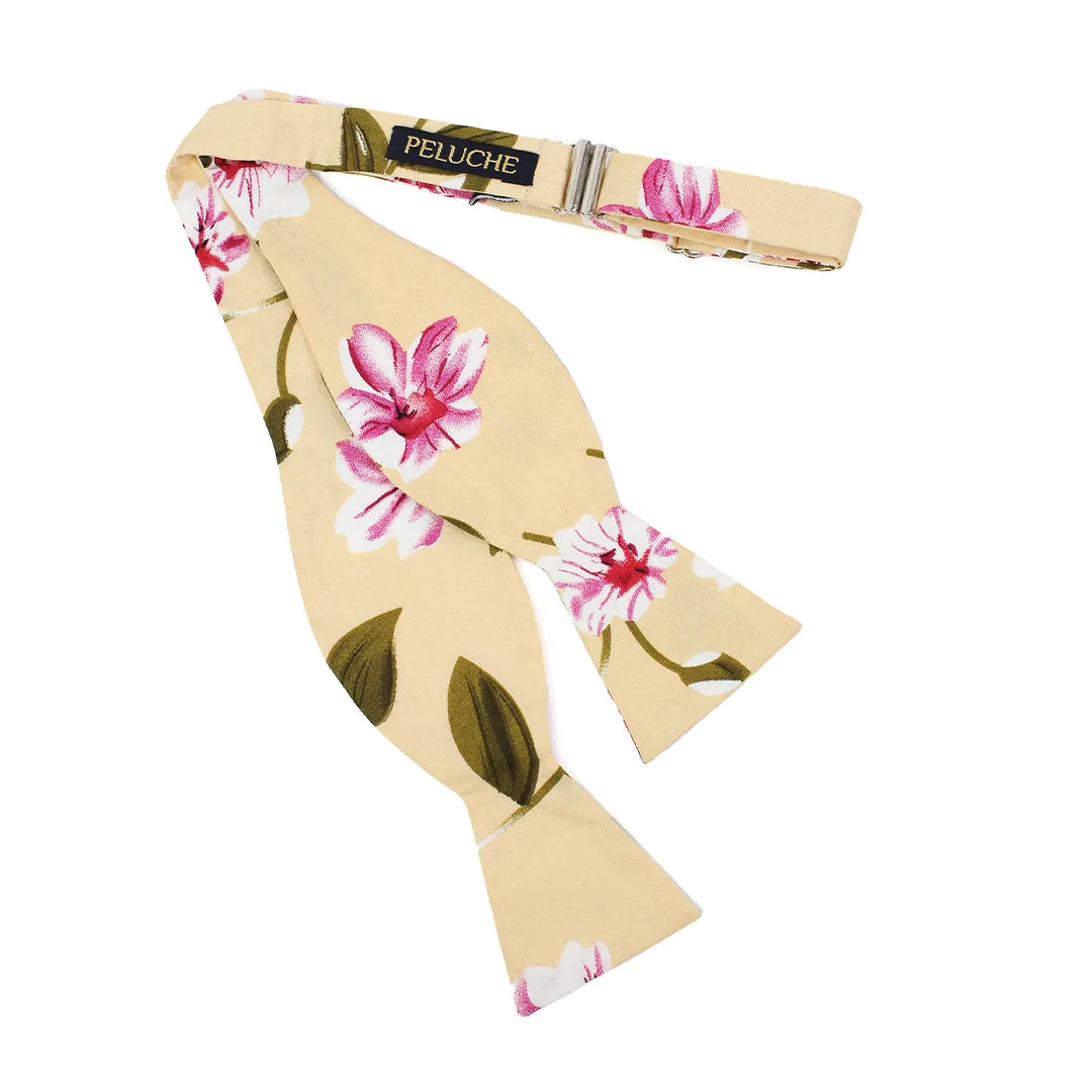 Peluche Floral Notch Beige Open Bow Tie & Pocket Square Set for Men