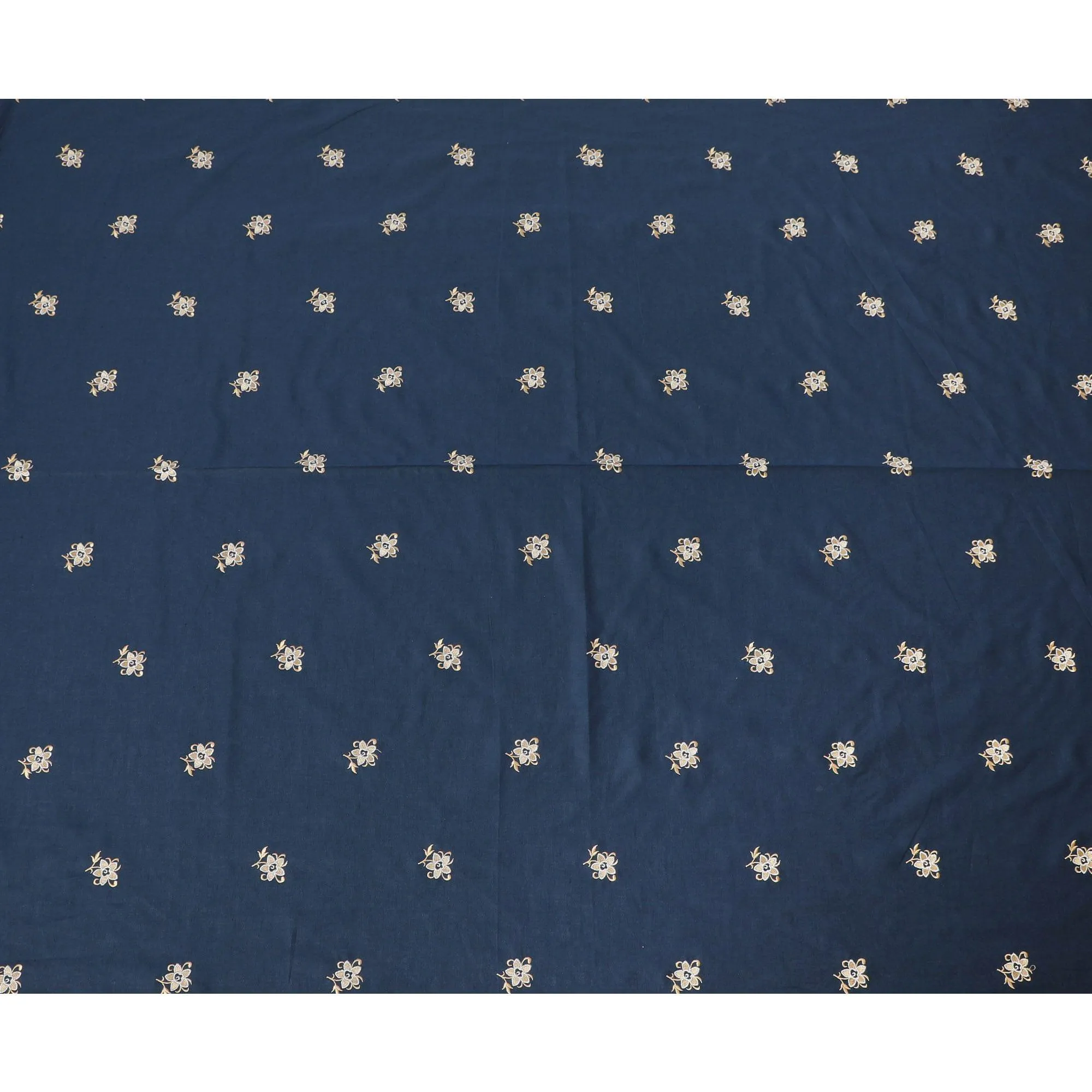 Petrol blue Premium pure linen fabric with gold and beige embroidery in floral design-D13435