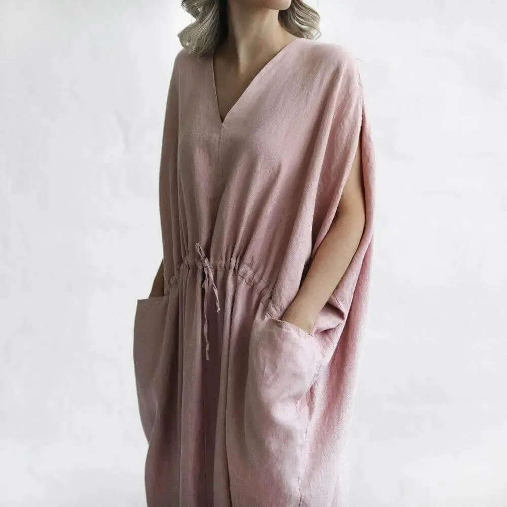 Pink drawstring waist linen dress by Seaside Tones