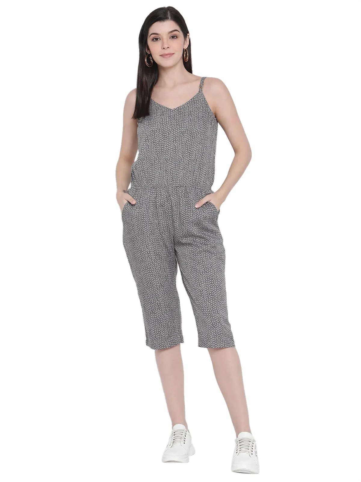 Porsorte Womens Spagetti Straps Poly Crepe Grey Printed Cullotes Jumpsuit